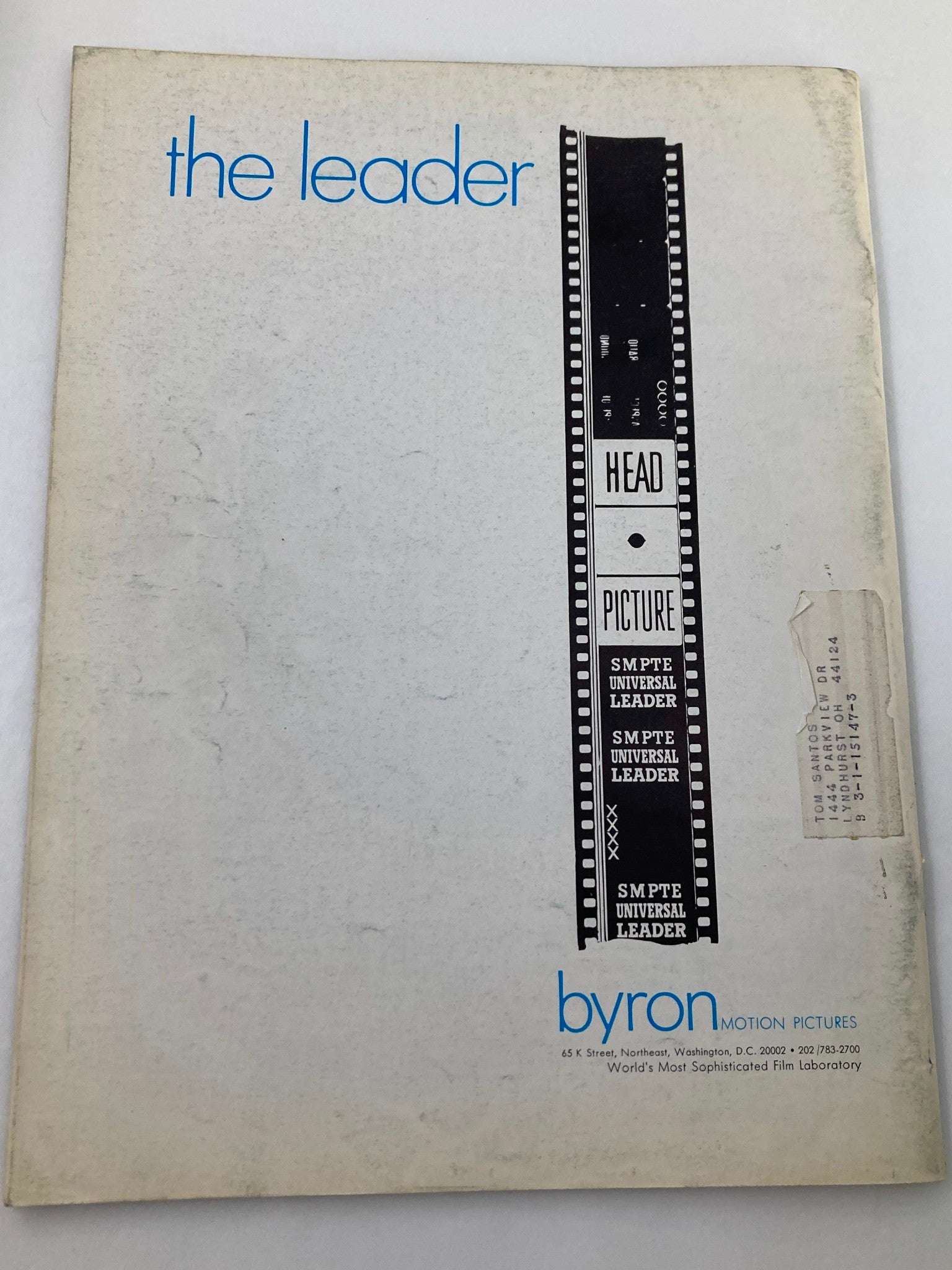 Back cover of the American Cinematographer Magazine May 1970 featuring the branding of Byron Motion Pictures and a film leader design.