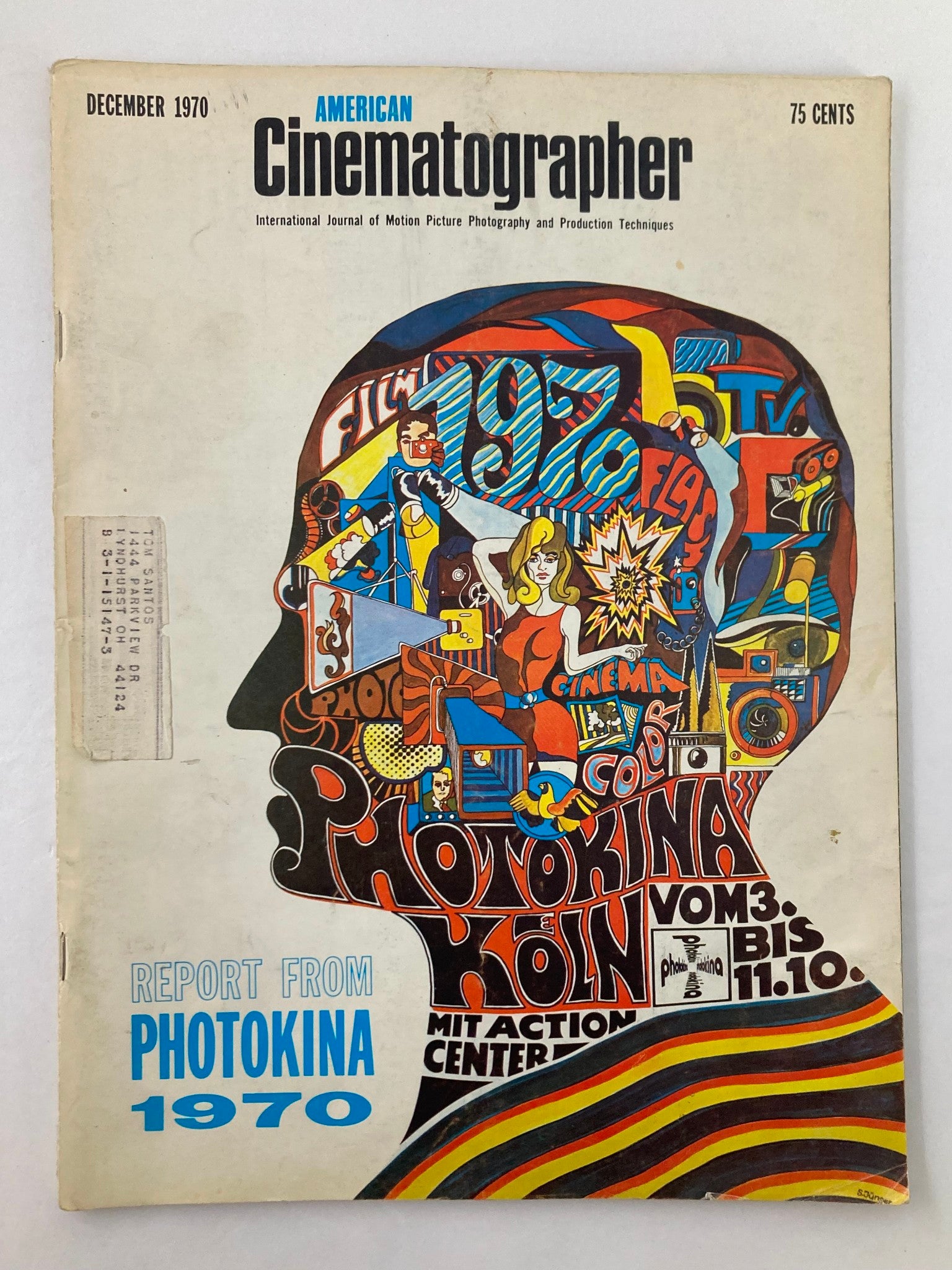 Cover of American Cinematographer Magazine December 1970 featuring a colorful illustration related to Photokina 1970, showcasing film and cinematography themes.
