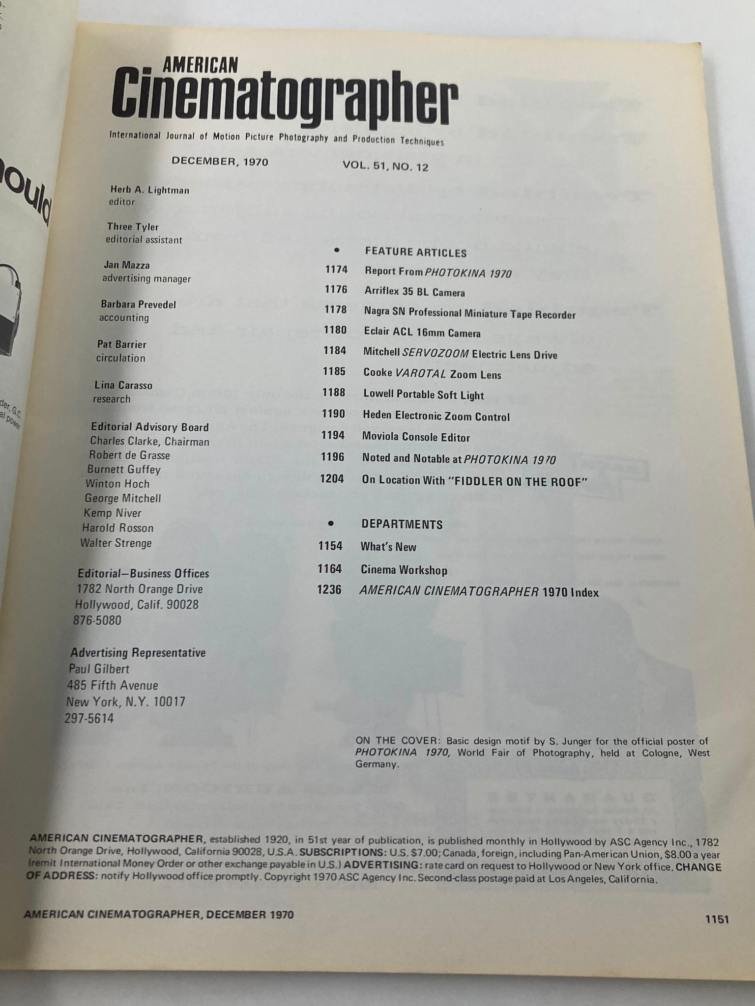 Table of contents page from American Cinematographer Magazine December 1970, detailing articles, features, and contributions related to film production and technology.