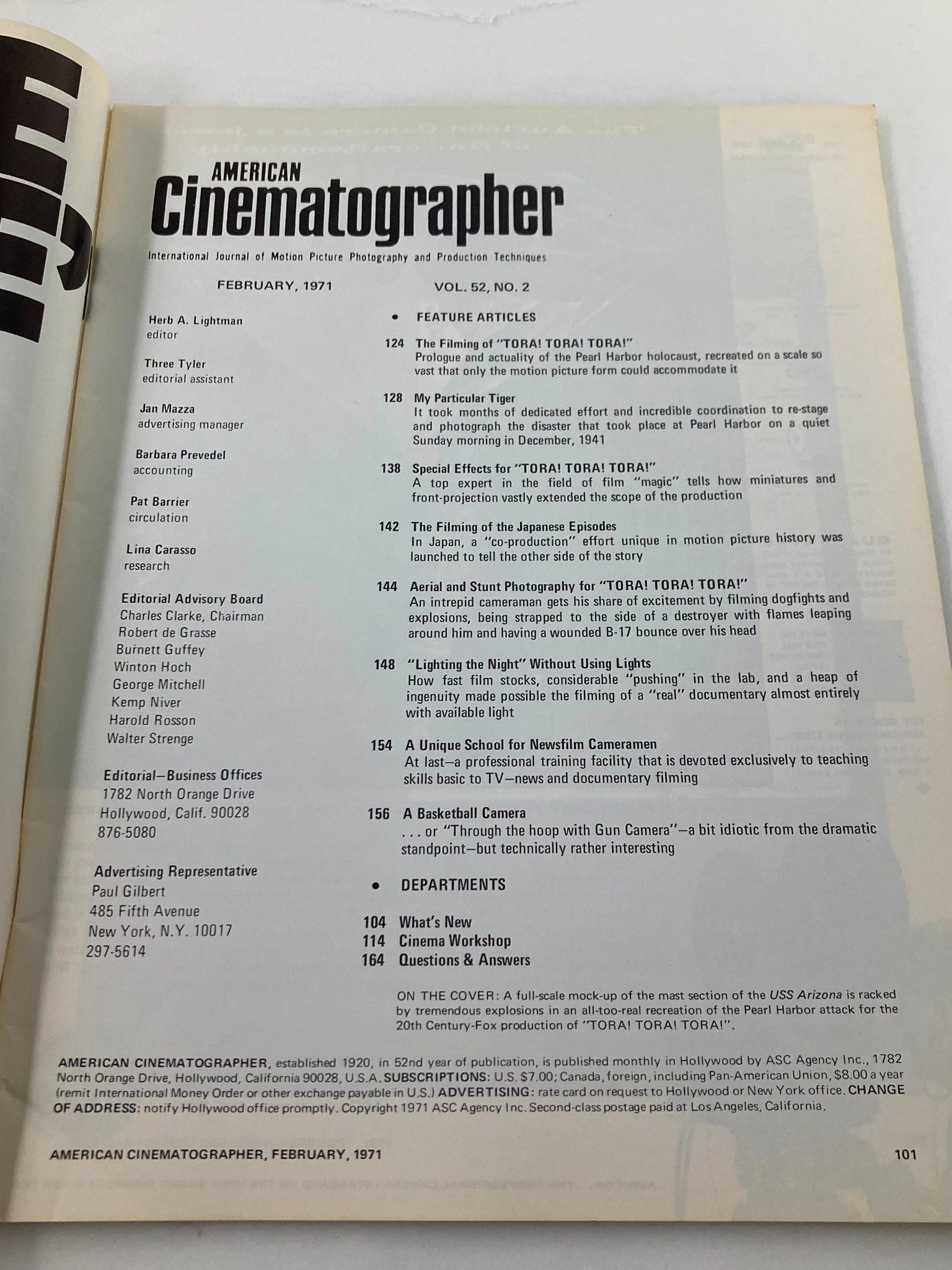 Contents page of American Cinematographer Magazine, February 1971, highlighting feature articles like The Filming of Tora Tora Tora! and various other topics.