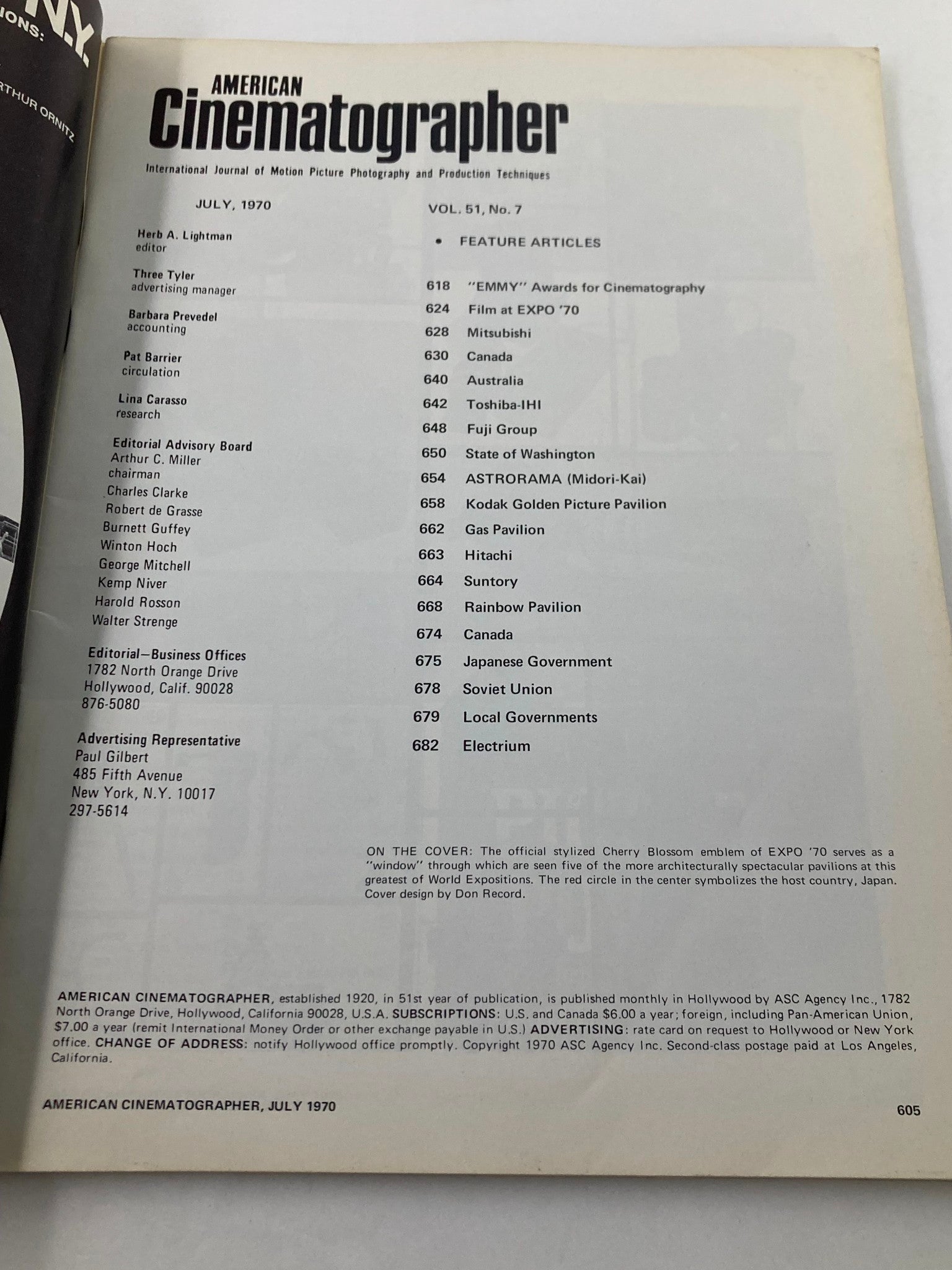 Inside page of the American Cinematographer Magazine July 1970 showcasing the feature articles including topics on the Cherry Blossom Expo '70, awards for cinematography and various international pavilions.