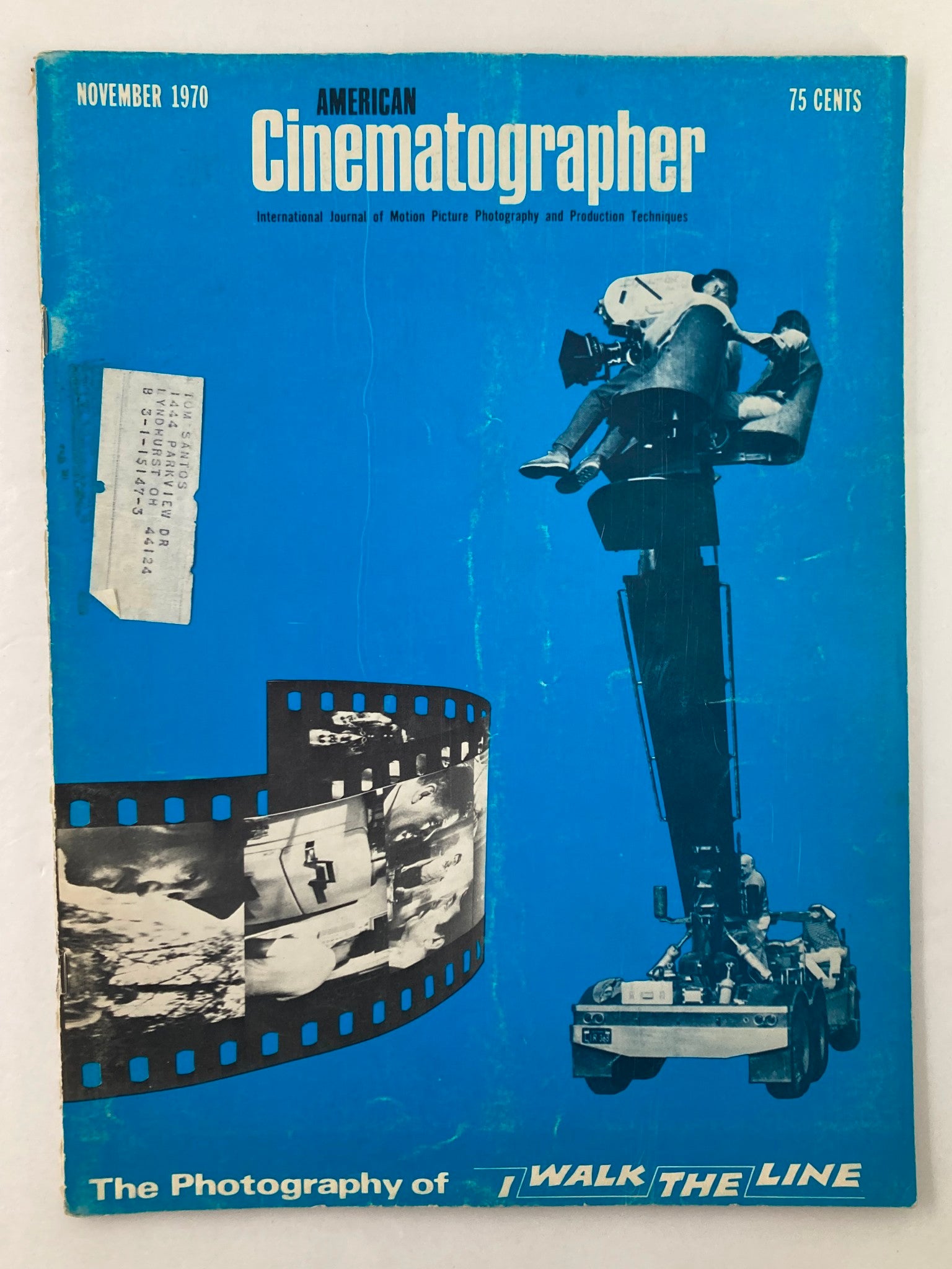 Cover of American Cinematographer Magazine, November 1970, featuring 'The Photography of I Walk The Line' with blue background and filmstrip graphics.
