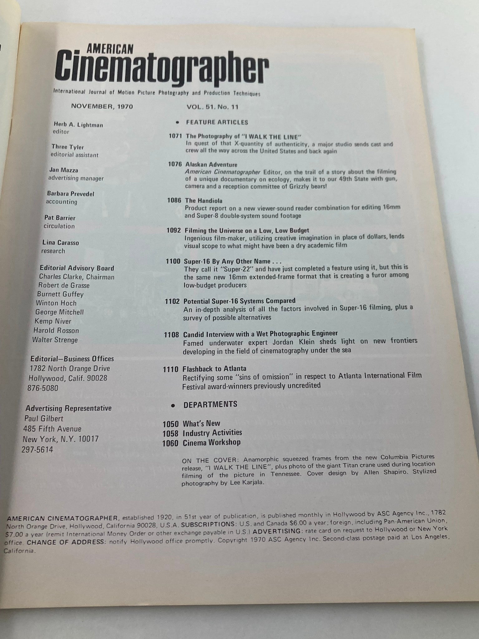 Interior page of American Cinematographer Magazine, November 1970, displaying the table of contents and feature articles, including 'The Photography of I Walk The Line'.