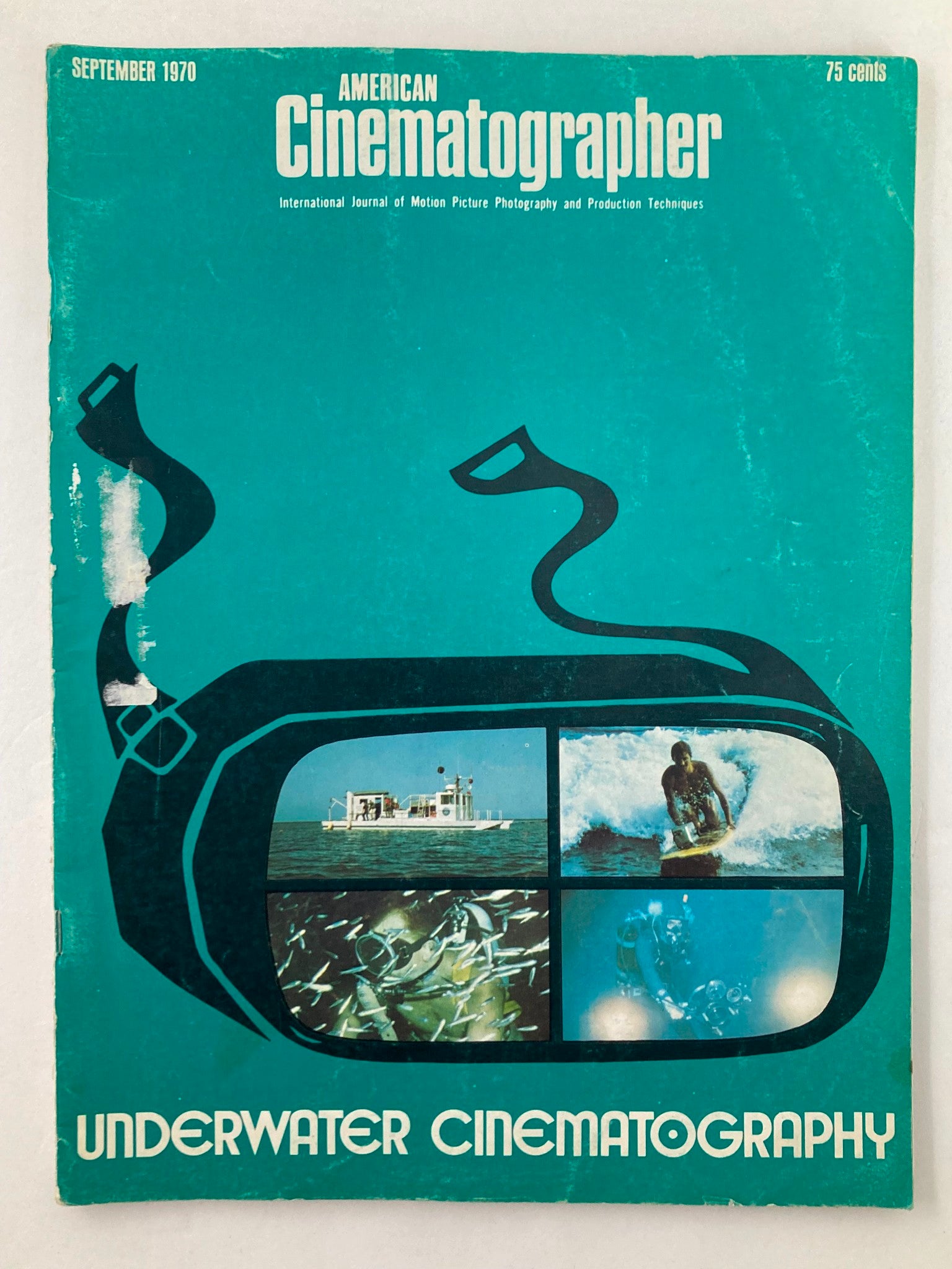 Cover of American Cinematographer Magazine September 1970 featuring underwater cinematography theme with images of marine life and activities.
