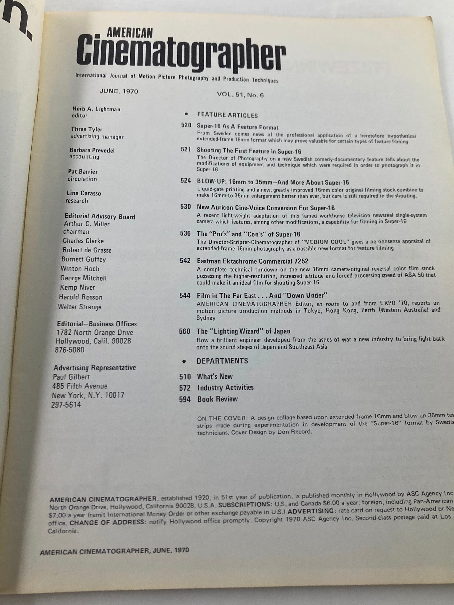 Contents page of American Cinematographer Magazine June 1970, listing featured articles including discussions on the Super-16 format and advancements in cinematography.