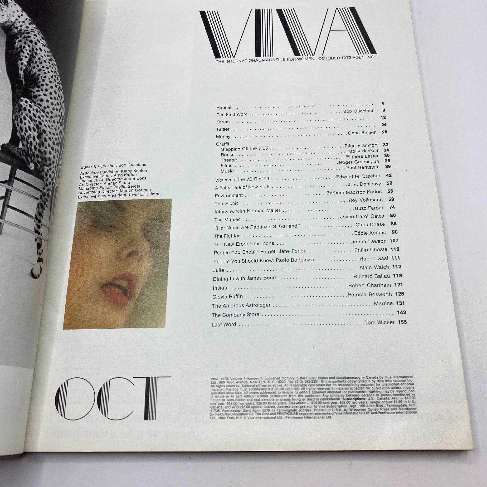 Table of contents for VTG Viva Magazine October 1973 Vol. 1 No. 1, showcasing featured articles and editorial credits.