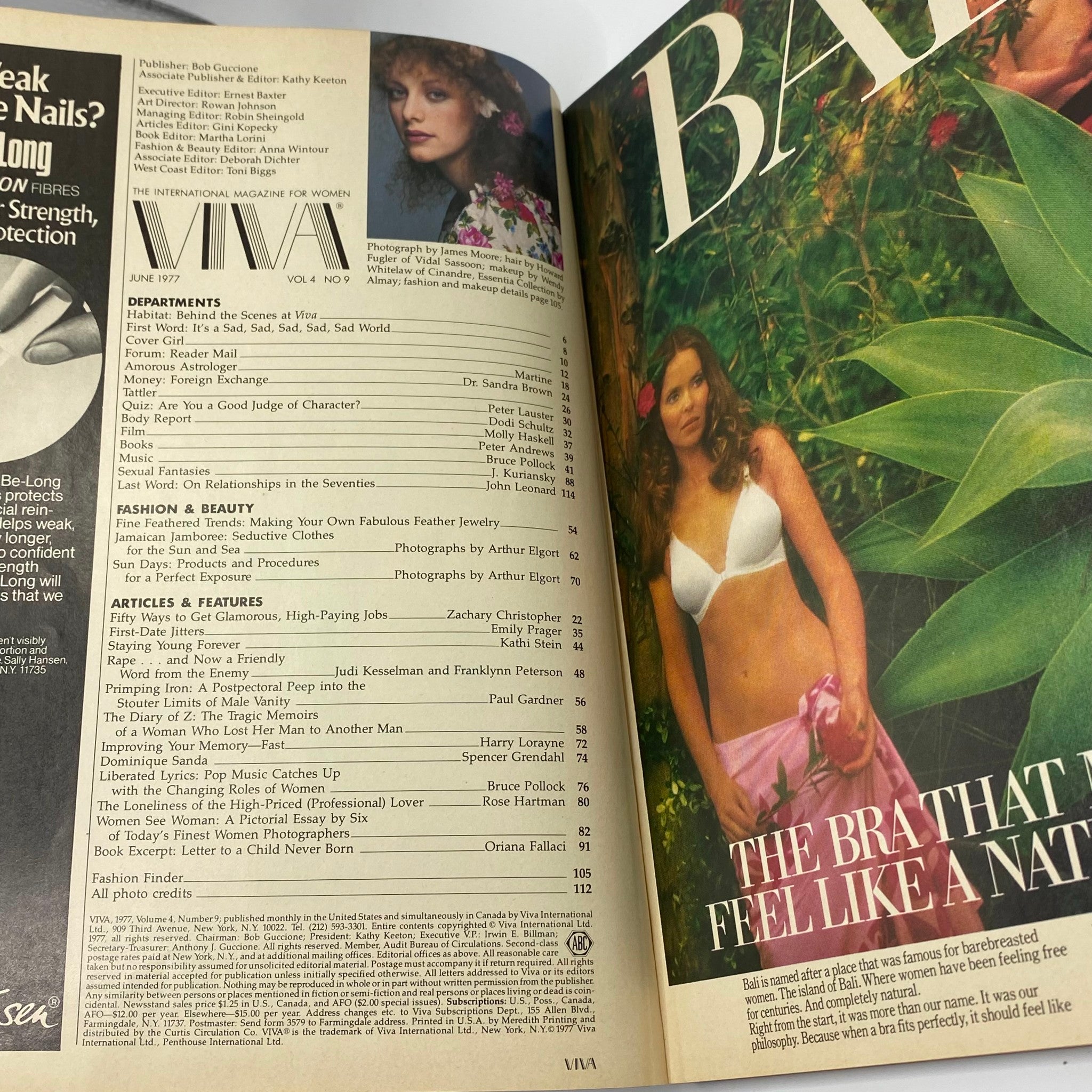 Inside page of VTG Viva Magazine June 1977 Vol 4 No. 9 showcasing the table of contents and article highlights about relationships and beauty.