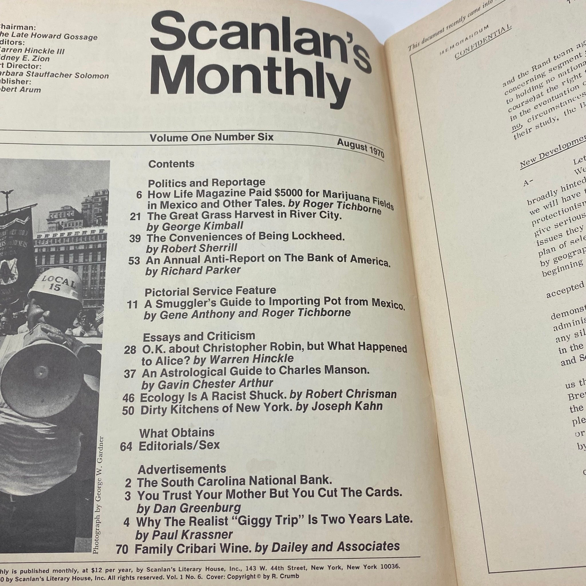 Interior page of VTG Scanlan's Magazine August 1970 Vol 1 No. 6 showing the table of contents, highlighting articles on marijuana smuggling and counterculture.