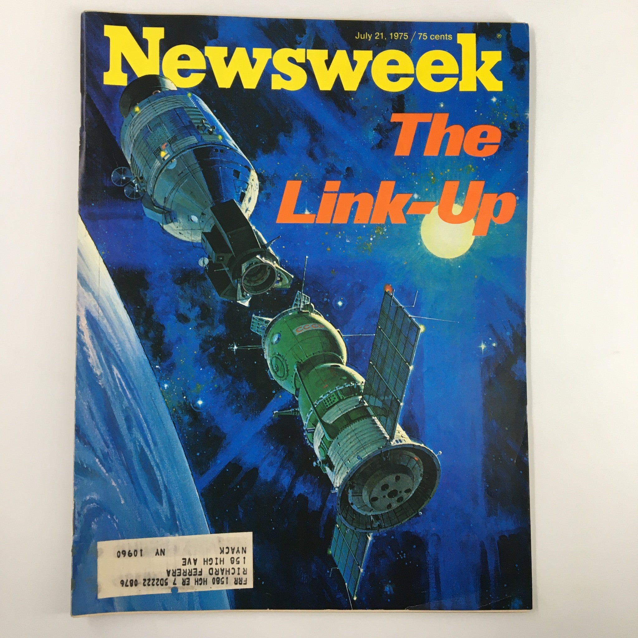 Cover of VTG Newsweek Magazine July 21, 1975 featuring the title 'The Link-Up' with an illustration of a space link-up scene and vibrant cosmic background.