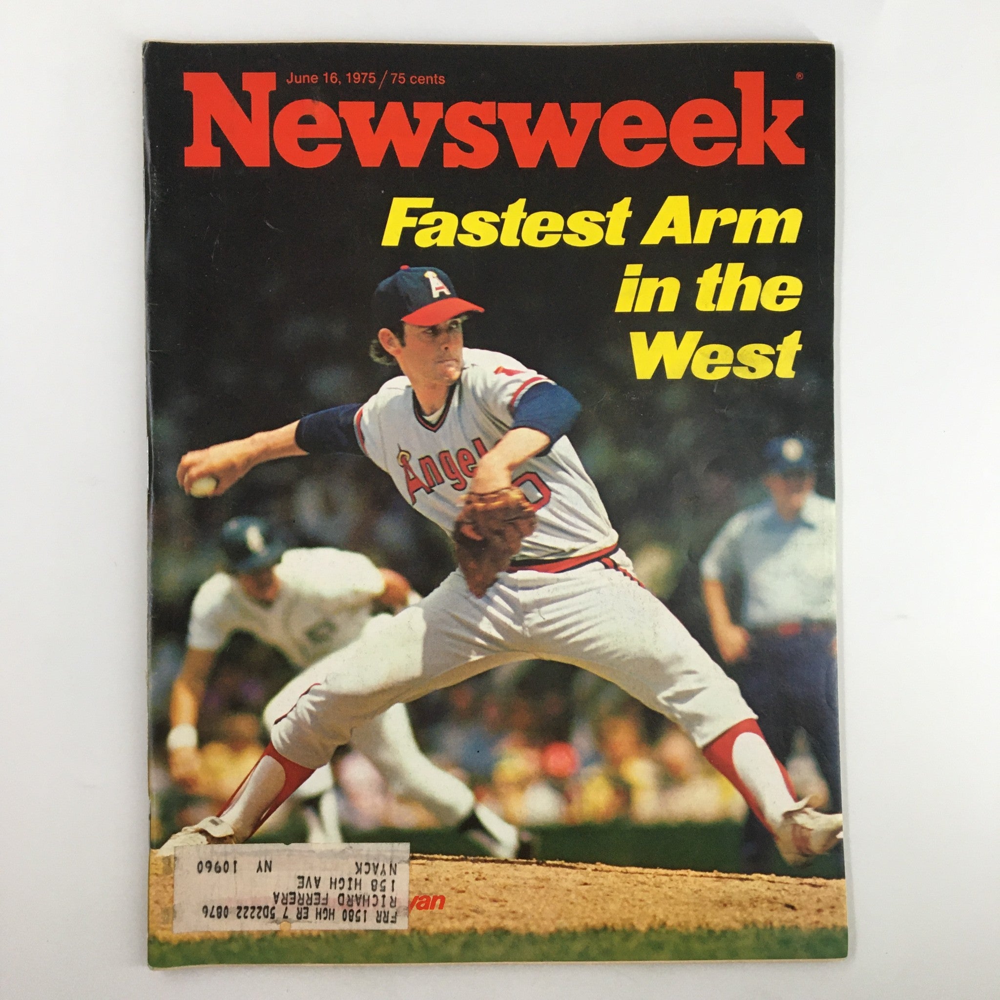 VTG Newsweek Magazine June 16 1975 featuring Nolan Ryan, labeled 'Fastest Arm in the West', showcasing a dynamic image of Ryan in action on the pitcher's mound.