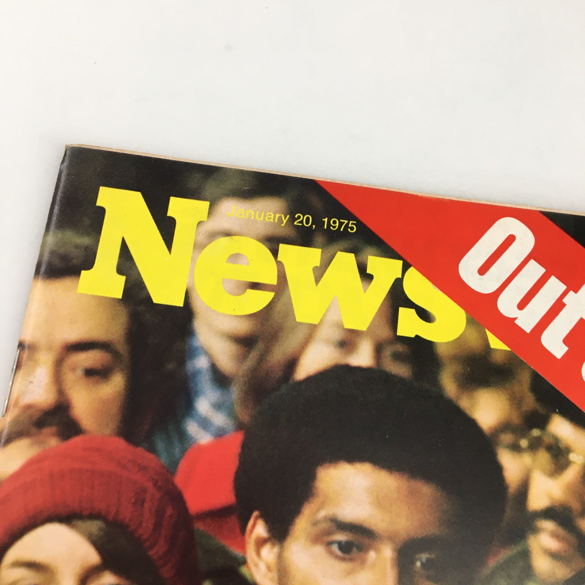 Close-up of the cover of VTG Newsweek Magazine dated January 20 1975, showcasing the title and the bold 'Out of Work' label, emphasizing the themes of unemployment and economic challenges.
