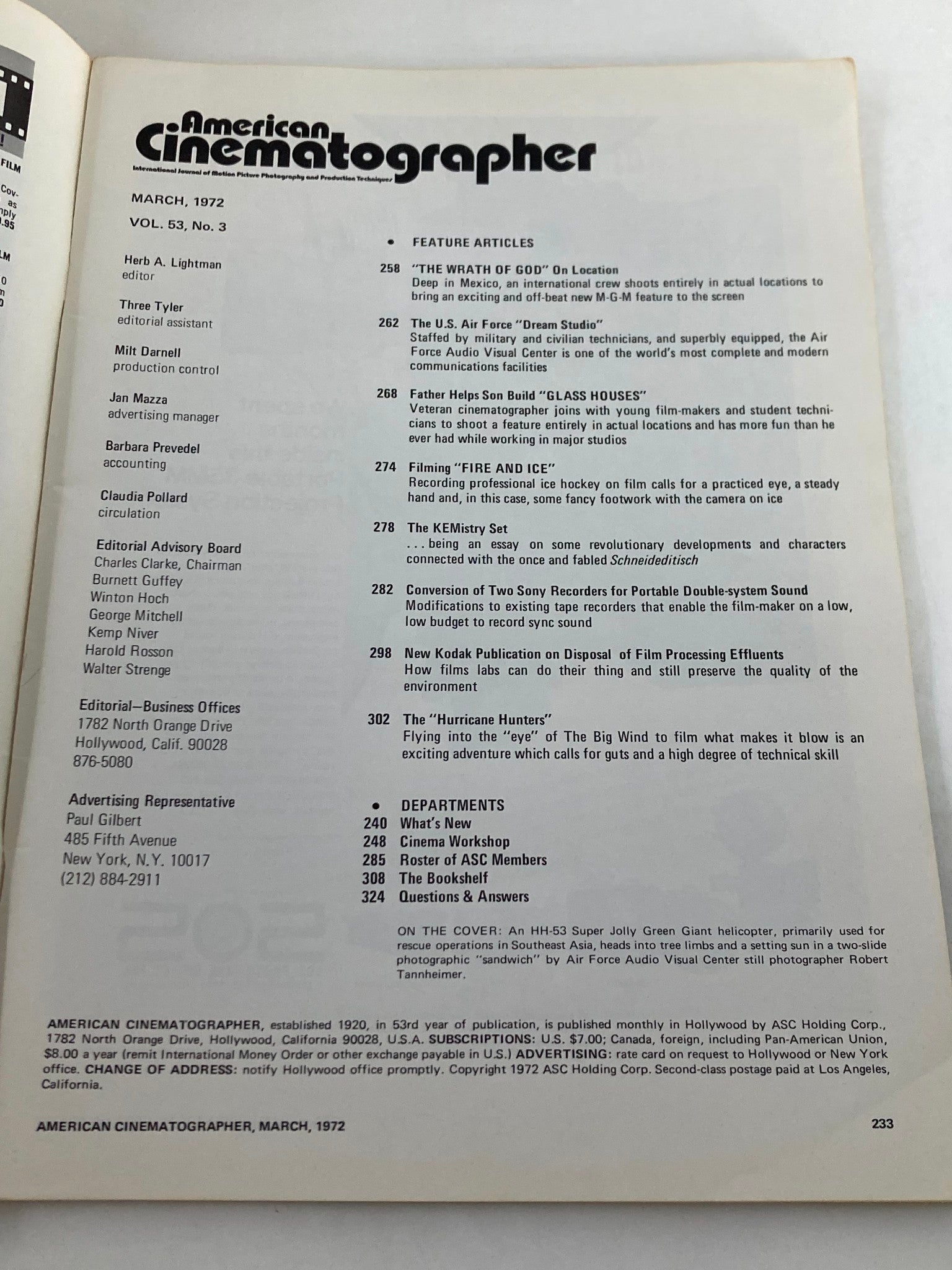 Table of contents from the March 1972 issue of American Cinematographer Magazine, detailing feature articles including insights about the HH-53 Super Jolly Green Helicopter and other cinematic topics.