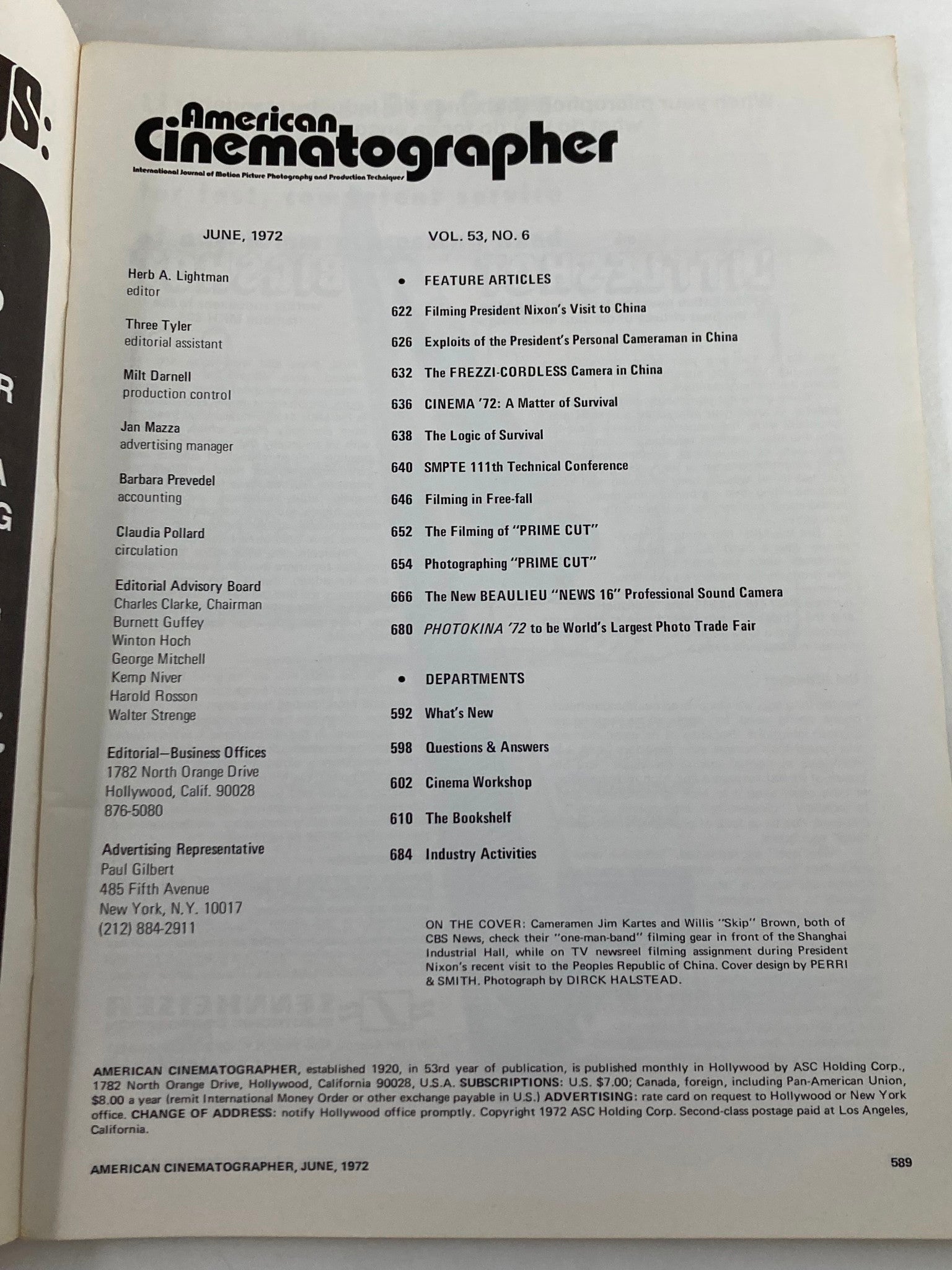 Inside page of American Cinematographer Magazine June 1972 outlining key features and articles, emphasizing the publication's focus on cinematography techniques and industry insights.