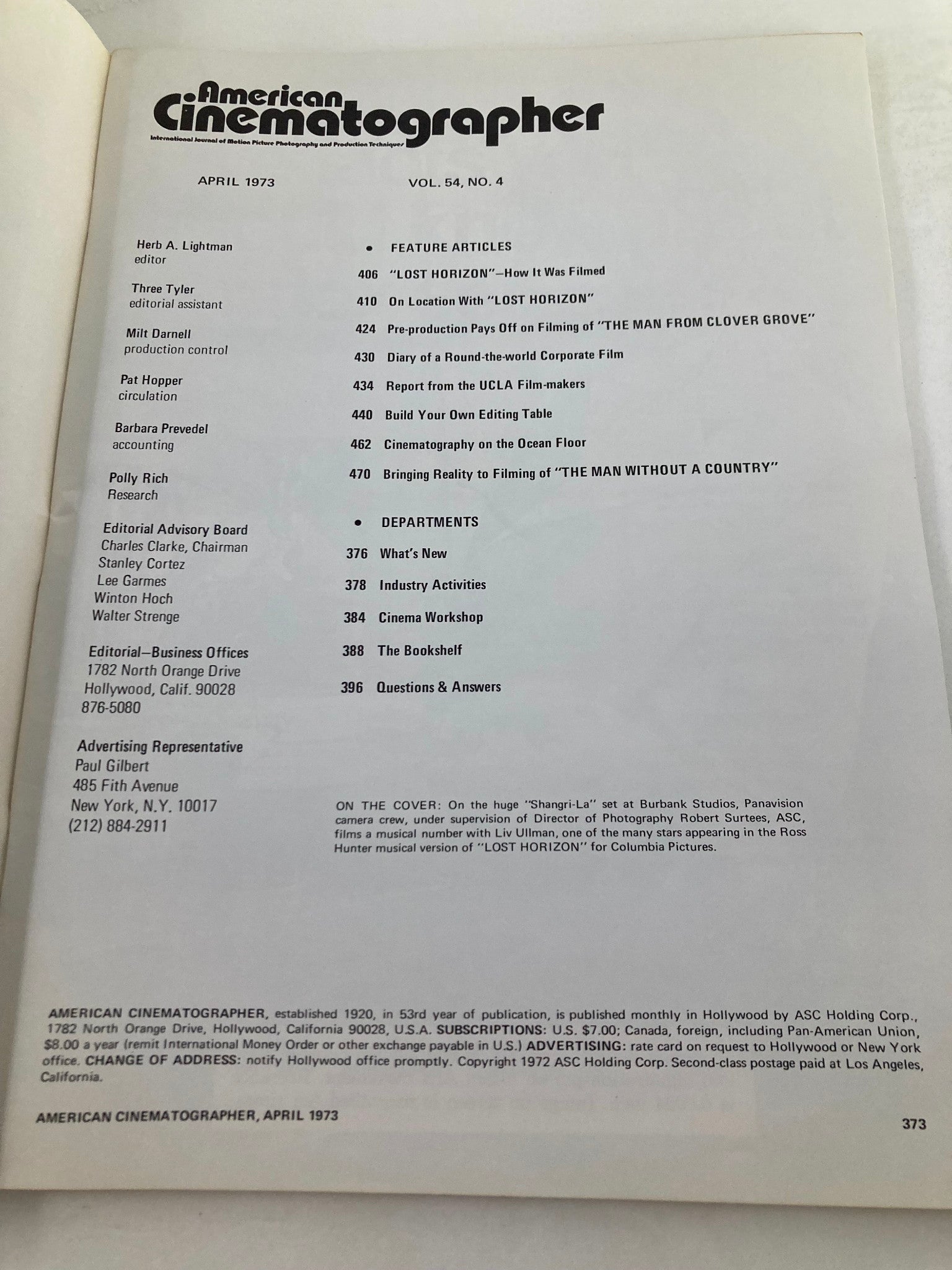 Contents page of American Cinematographer Magazine, April 1973, listing features and articles including 'Lost Horizon' and insights into cinematography.