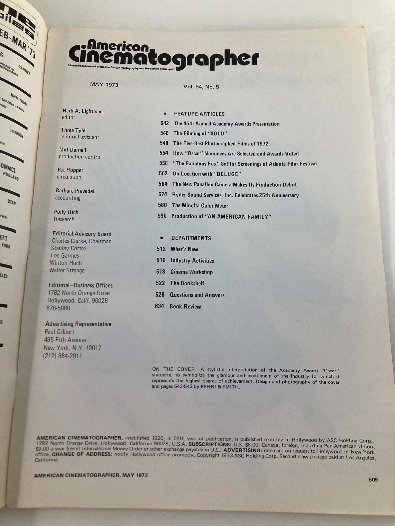 Inside page of American Cinematographer Magazine May 1973 showcasing the table of contents with feature articles and editorial details related to cinematography and the Academy Awards.