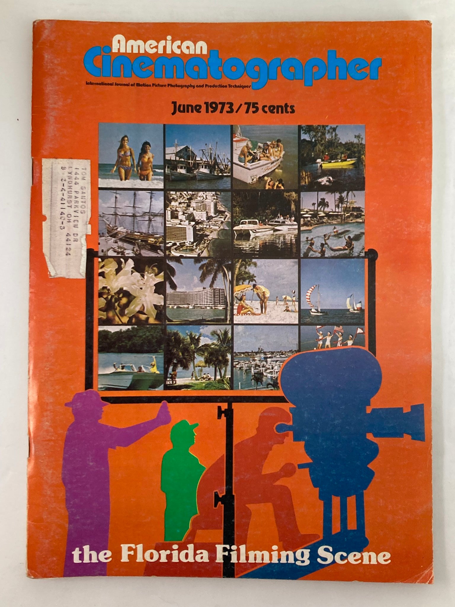 Cover of American Cinematographer Magazine June 1973 featuring vibrant images related to motion picture filming in Florida, showcasing cinematic scenes and a diverse array of activities.