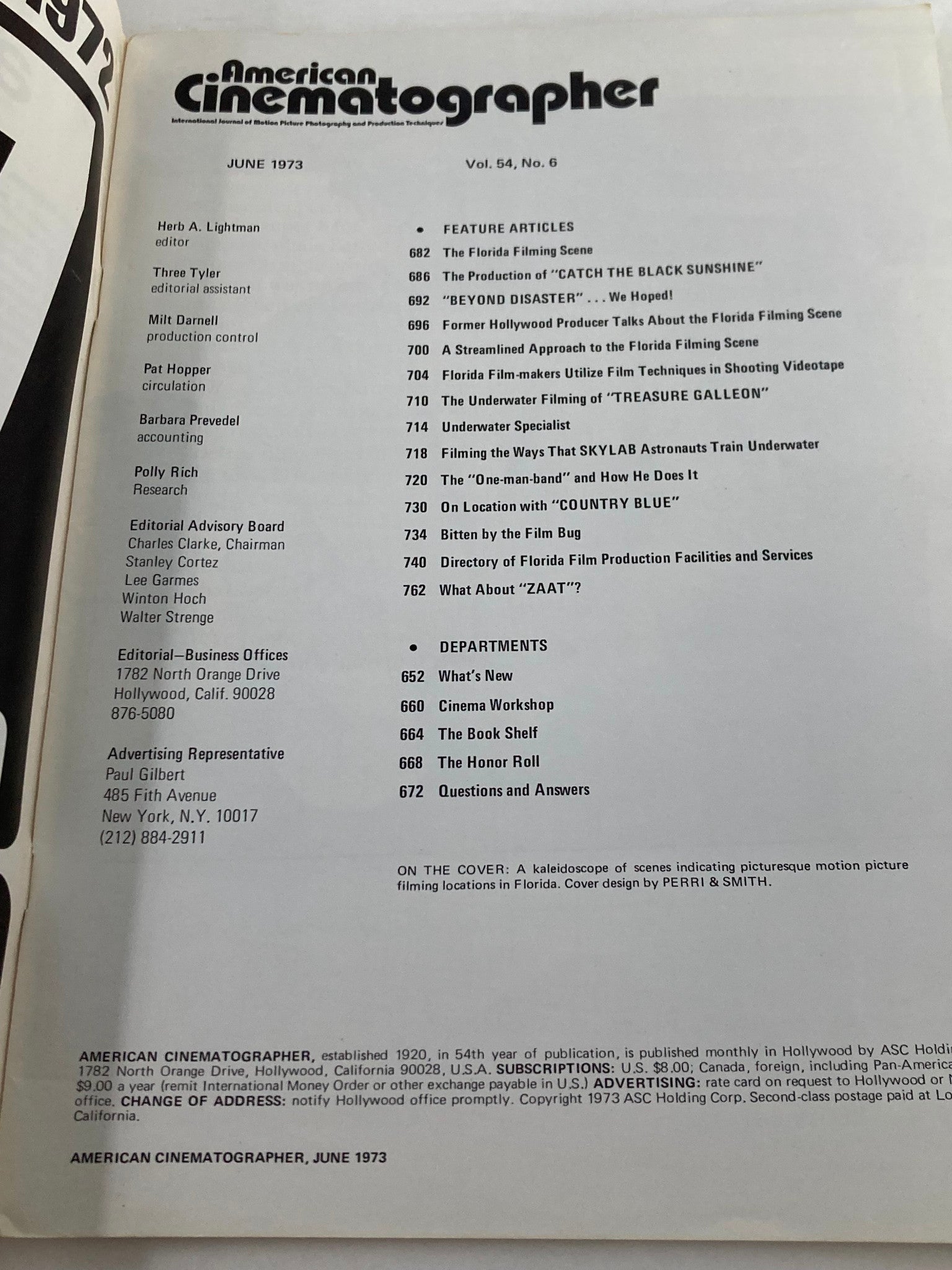 Interior page of American Cinematographer Magazine June 1973 displaying the table of contents highlighting articles on the Florida filming scene and various cinematography topics.