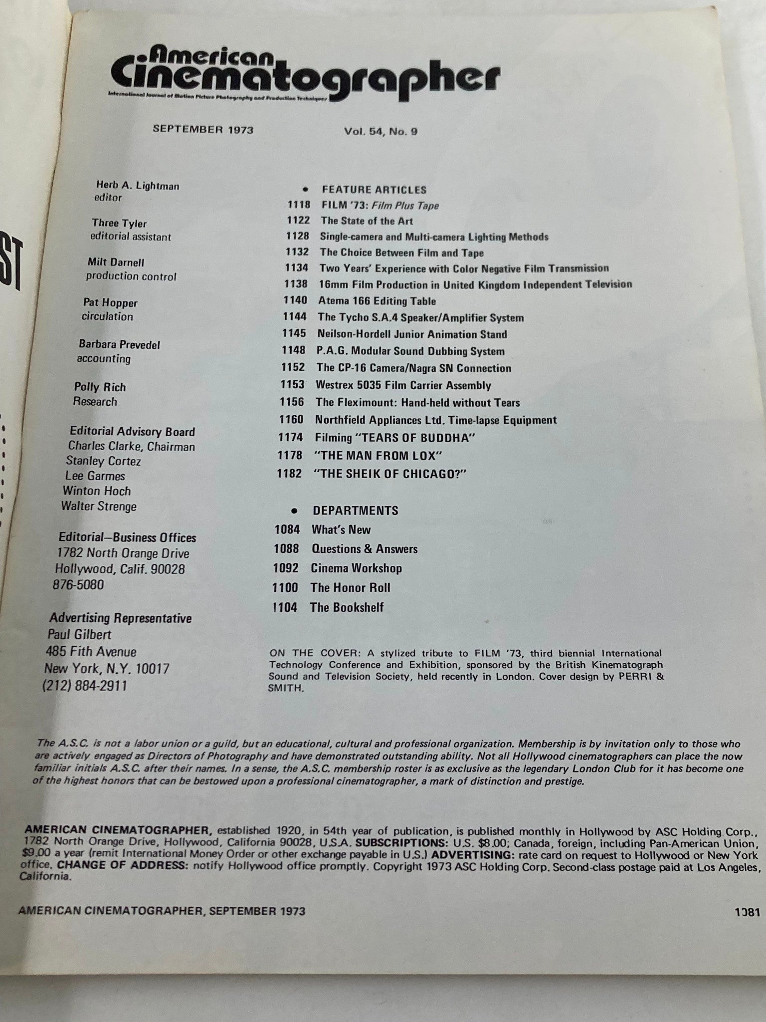 Interior page of American Cinematographer Magazine September 1973, detailing feature articles and departments, including topics on film production and cinematography techniques. The layout offers insights into the content of this vintage film industry publication.