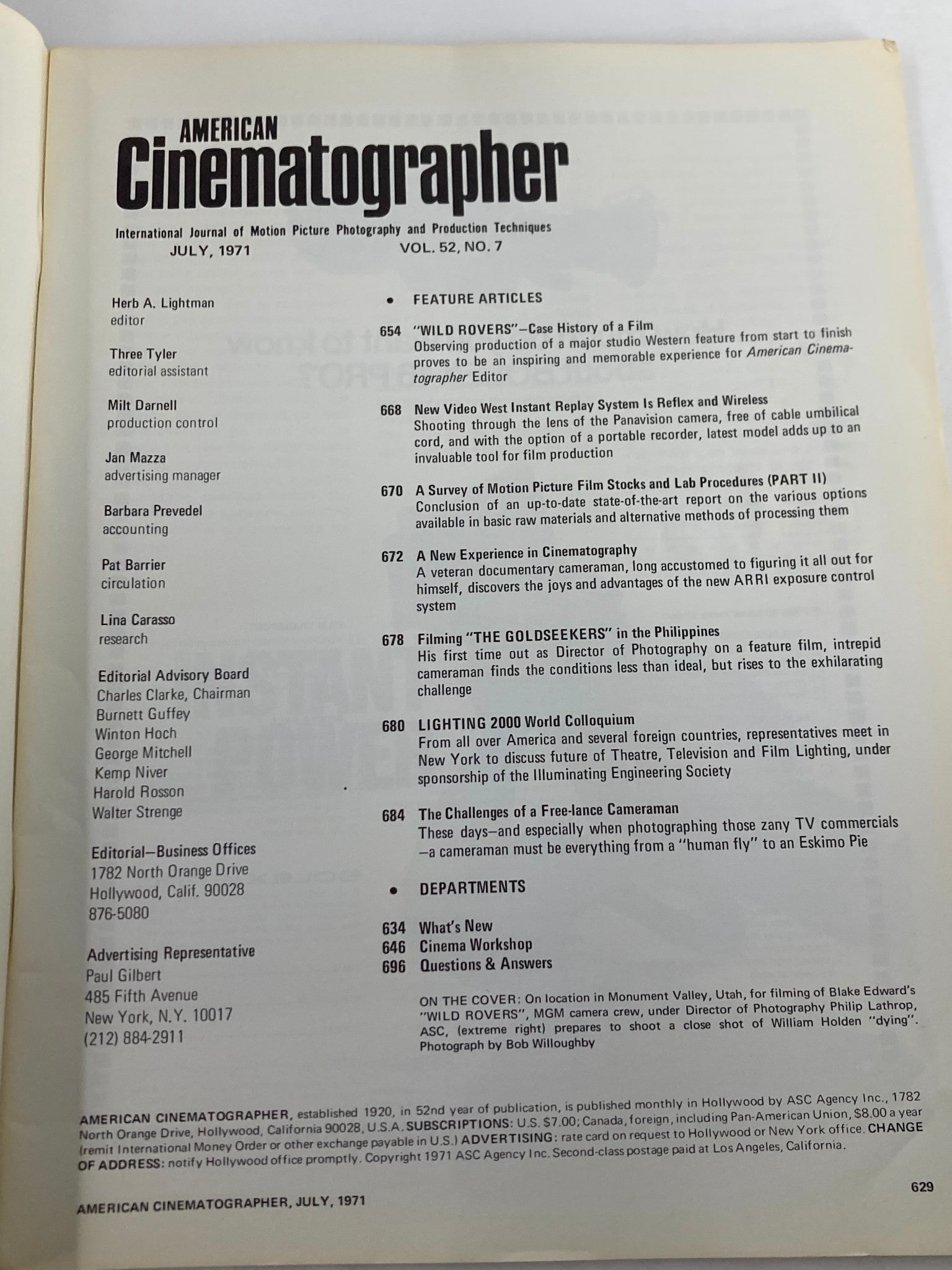 American Cinematographer Magazine July 1971 page featuring articles and the editorial staff, including a case history of the film 'Wild Rovers.' This page provides insight into the publication's focus on cinematography and film industry advancements.