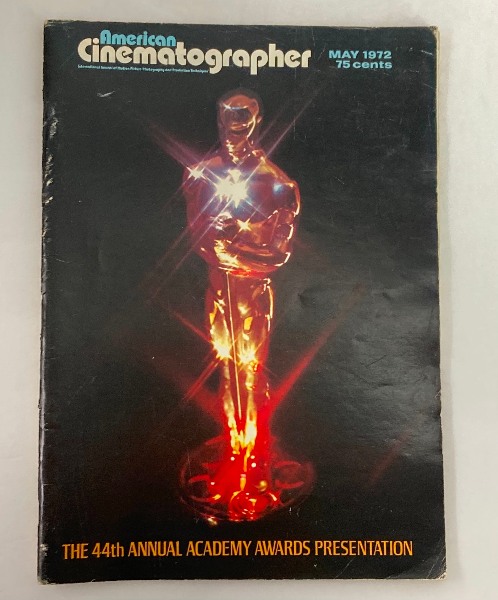 Cover of American Cinematographer Magazine May 1972 featuring the Academy Award 'Oscars' Statuette with vibrant lights and the title 'THE 44th ANNUAL ACADEMY AWARDS PRESENTATION'.