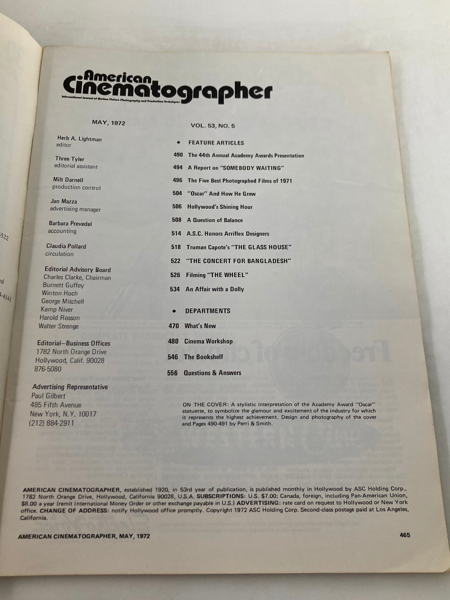 Inside page of American Cinematographer Magazine May 1972, displaying the table of contents and feature articles related to the Academy Awards.