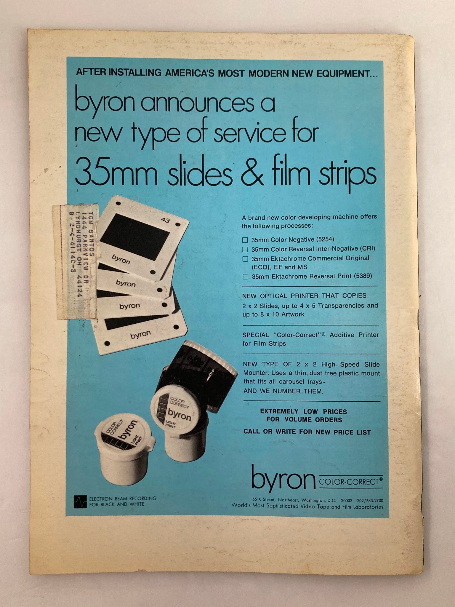 American Cinematographer Magazine May 1972 showcasing an advertisement for Byron Color-Correct services for 35mm slides and film strips, featuring processing options and photography equipment.