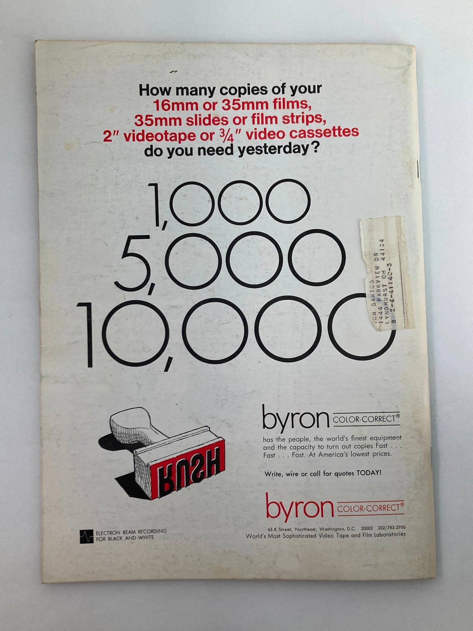 Back cover of American Cinematographer Magazine November 1972, showcasing an advertisement for film and video replication services, highlighting options for different film formats.