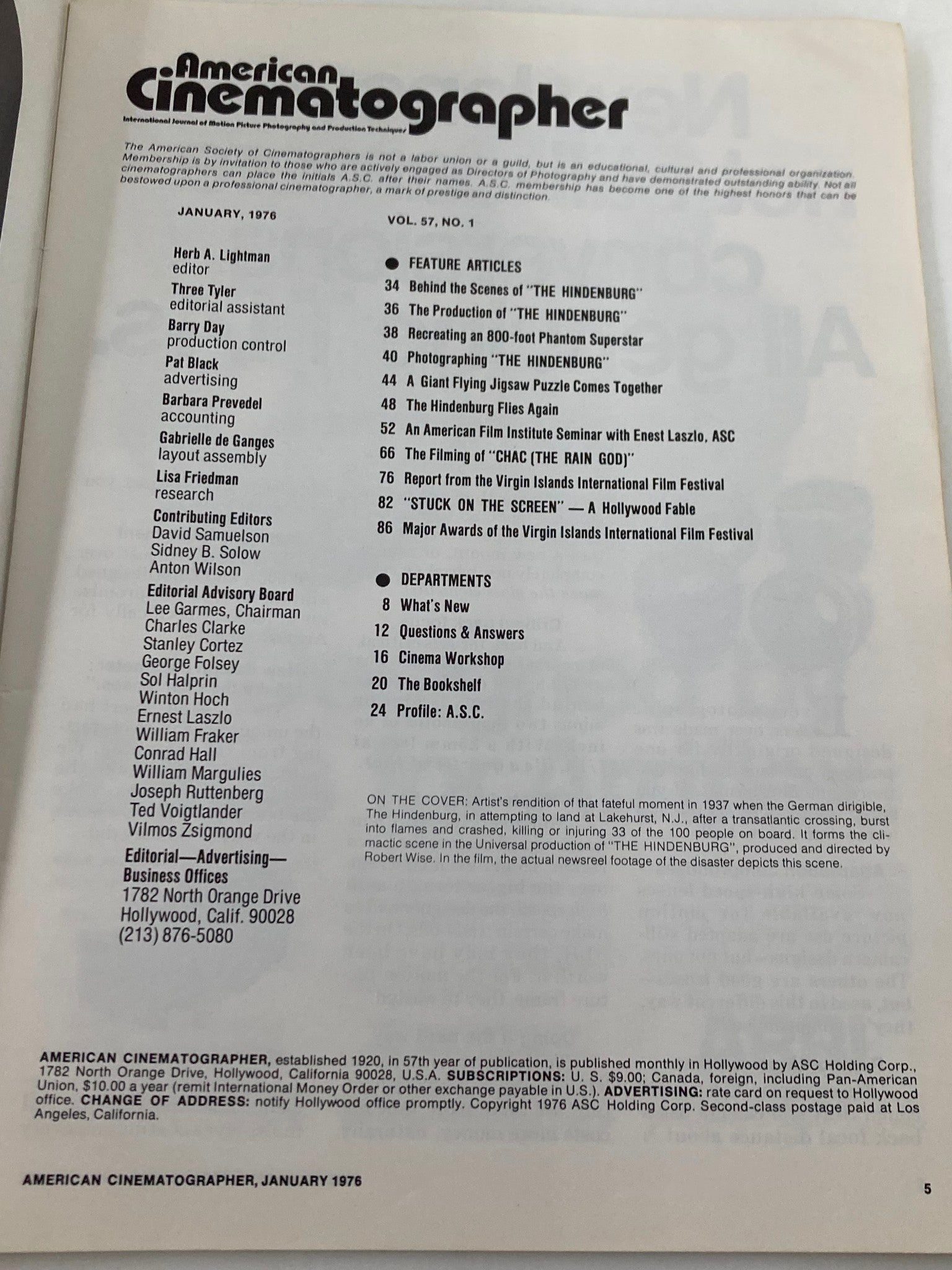 Table of contents from American Cinematographer Magazine January 1976, detailing feature articles including 'Behind the Scenes of The Hindenburg'.