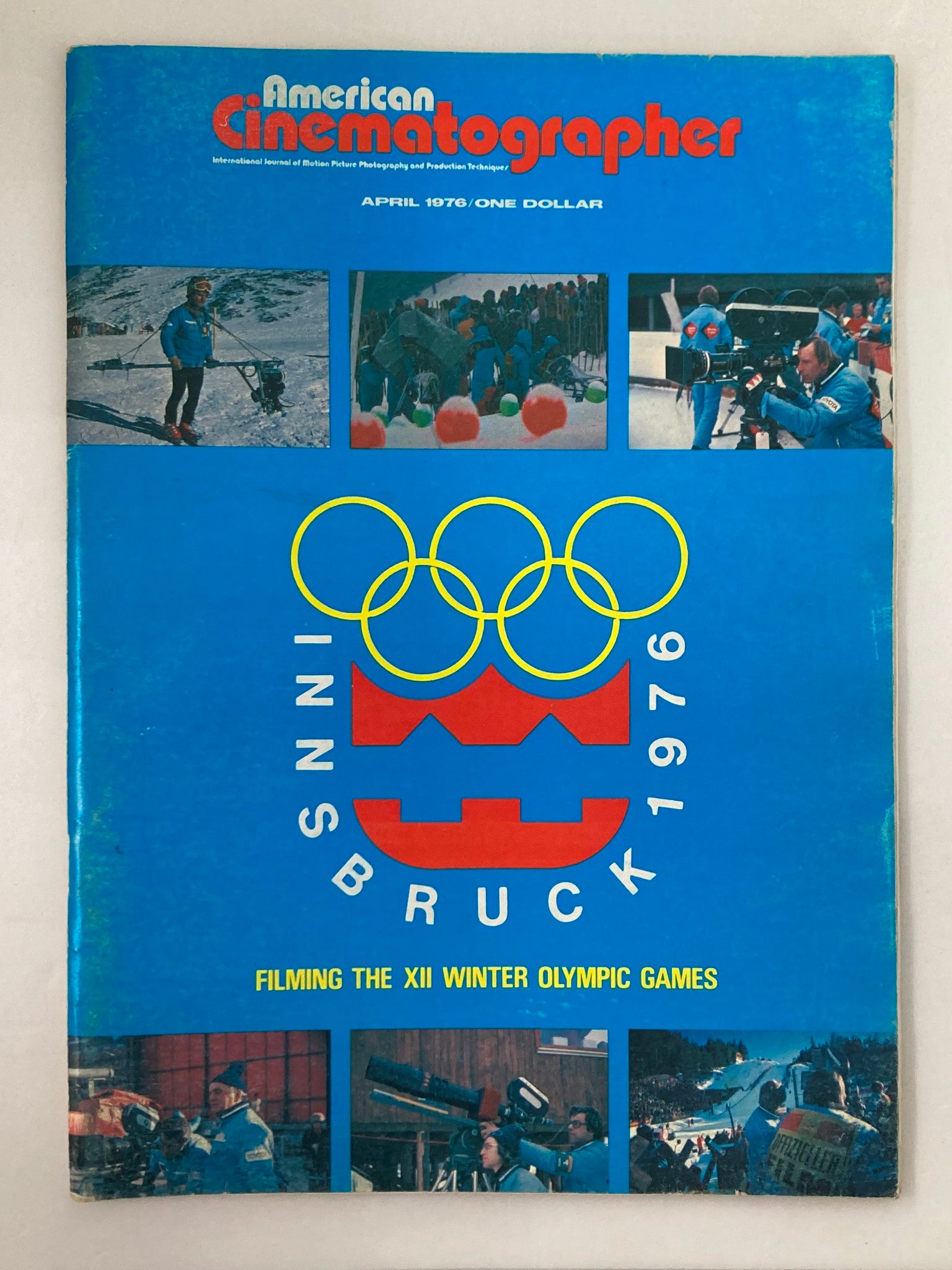 Cover of American Cinematographer Magazine, April 1976, featuring the XII Winter Olympic Games with images of winter sports and cinematography.