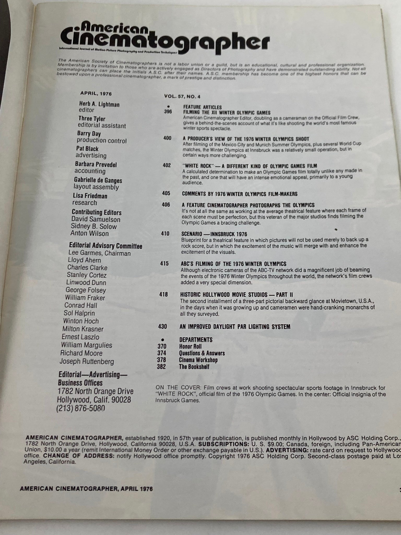 Interior page of American Cinematographer Magazine, April 1976, listing articles including Filming the XII Winter Olympic Games.
