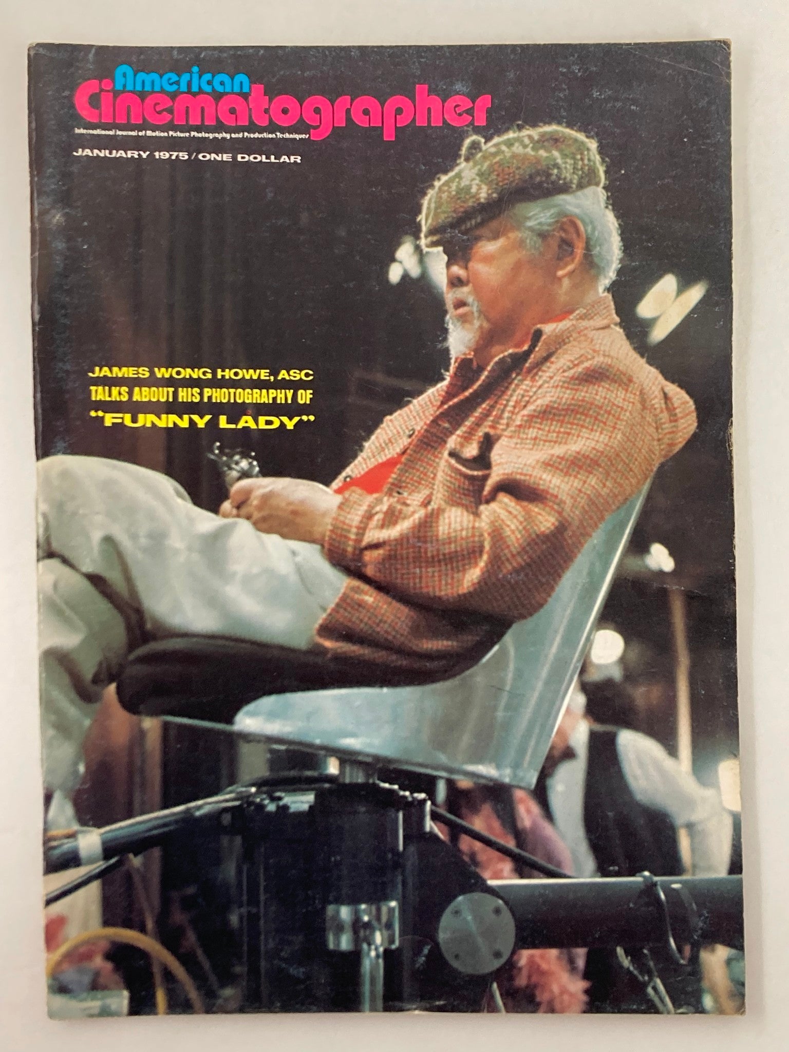 Cover of American Cinematographer Magazine January 1975 featuring James Wong Howe discussing his work in 'Funny Lady'.