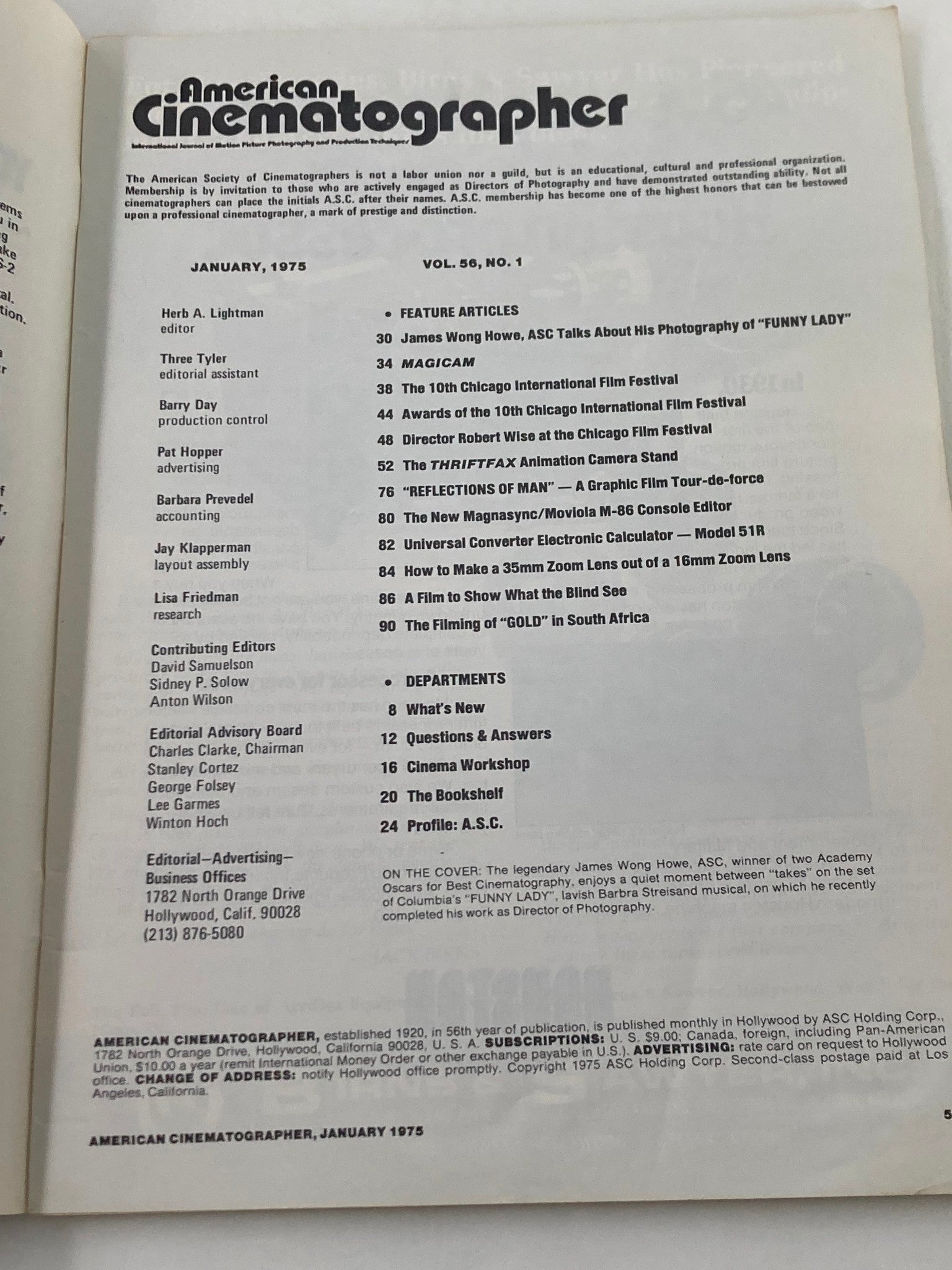 Interior page from American Cinematographer Magazine January 1975 listing feature articles and contributors, highlighting James Wong Howe's photography of 'Funny Lady'.