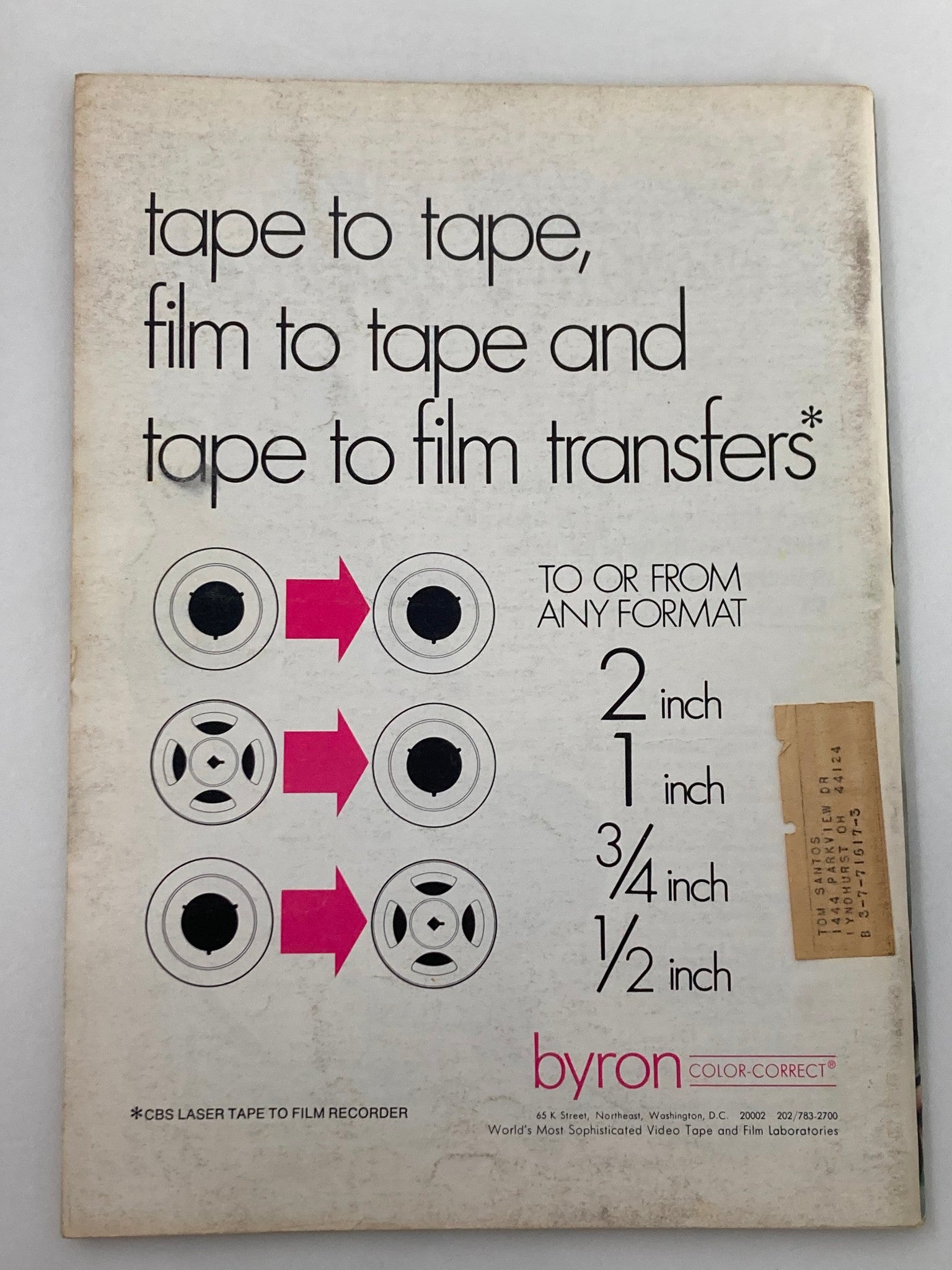 Back cover of American Cinematographer Magazine January 1975 advertising tape transfer services, showcasing the magazine's vintage appeal.