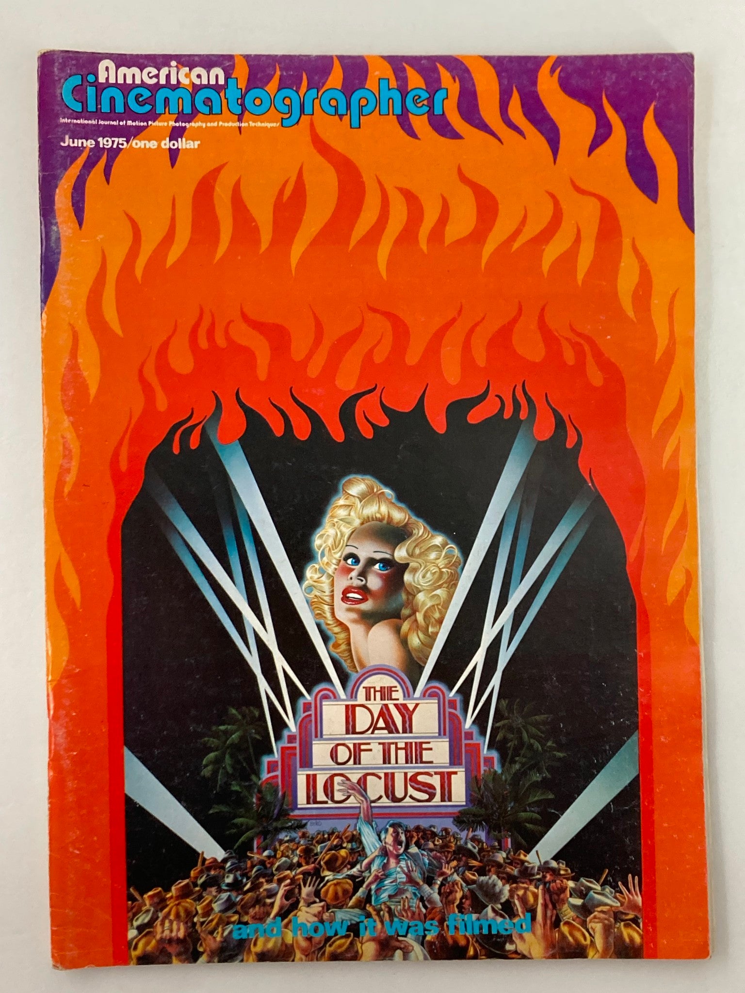 Cover of American Cinematographer Magazine, June 1975, featuring 'The Day of the Locust' with vibrant flames and striking visuals.