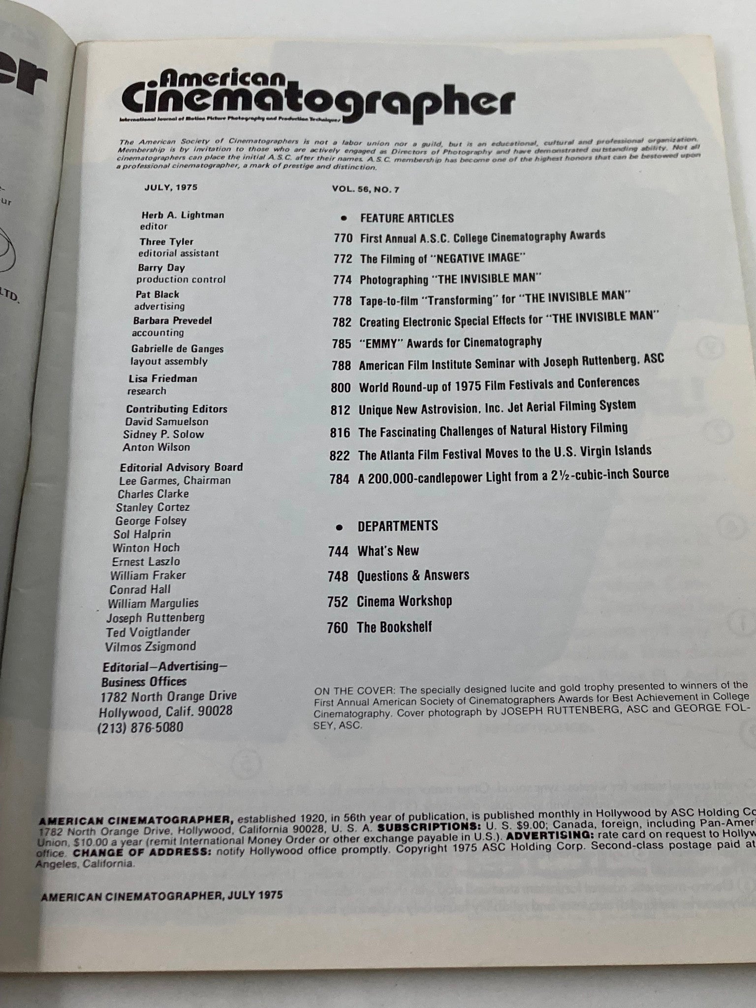Inside page of American Cinematographer Magazine July 1975 listing feature articles and editorial staff, showcasing the rich content and focus on college cinematography.