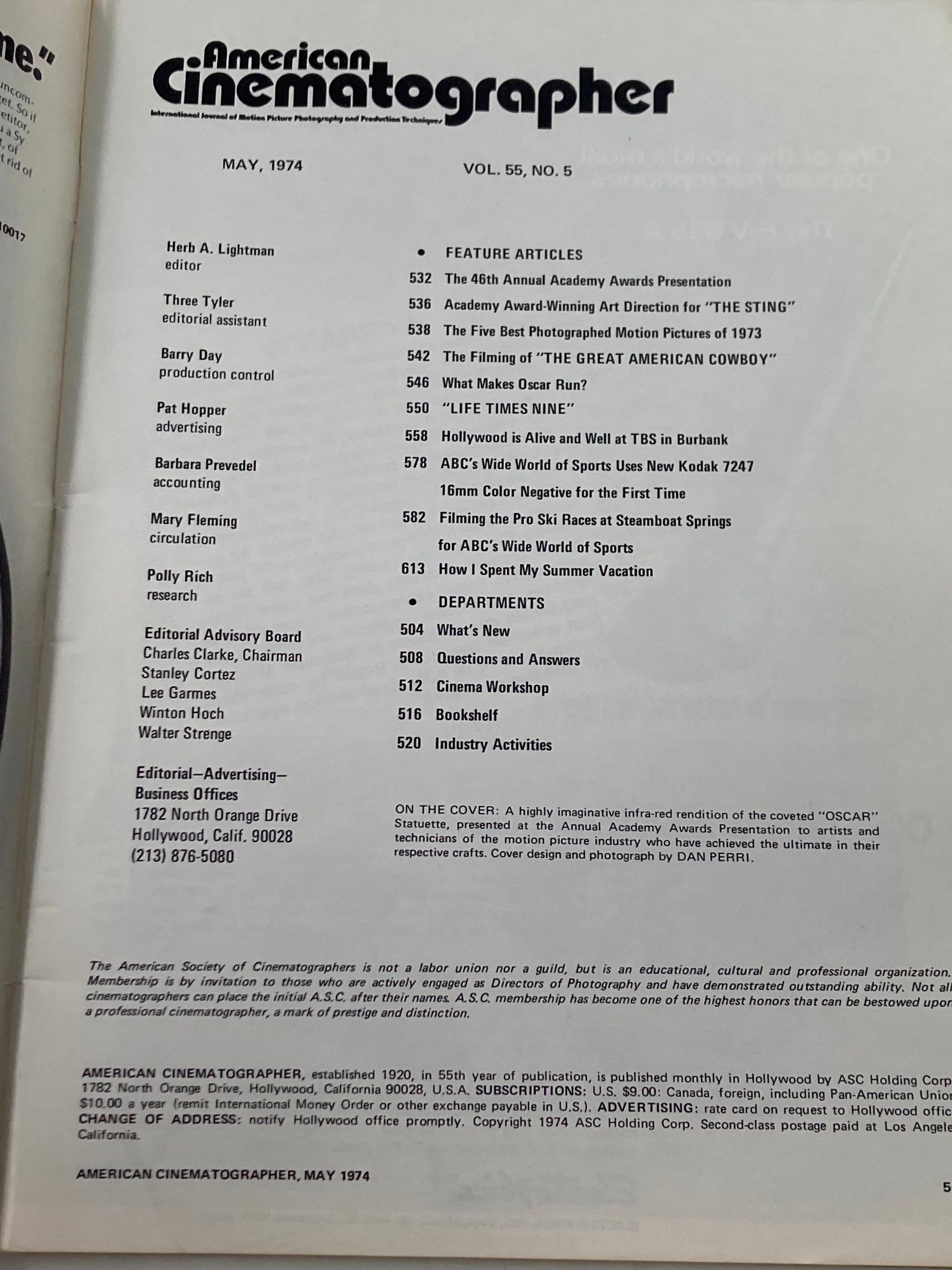Interior page of American Cinematographer Magazine May 1974 showing the table of contents and feature articles related to the 46th Annual Academy Awards.