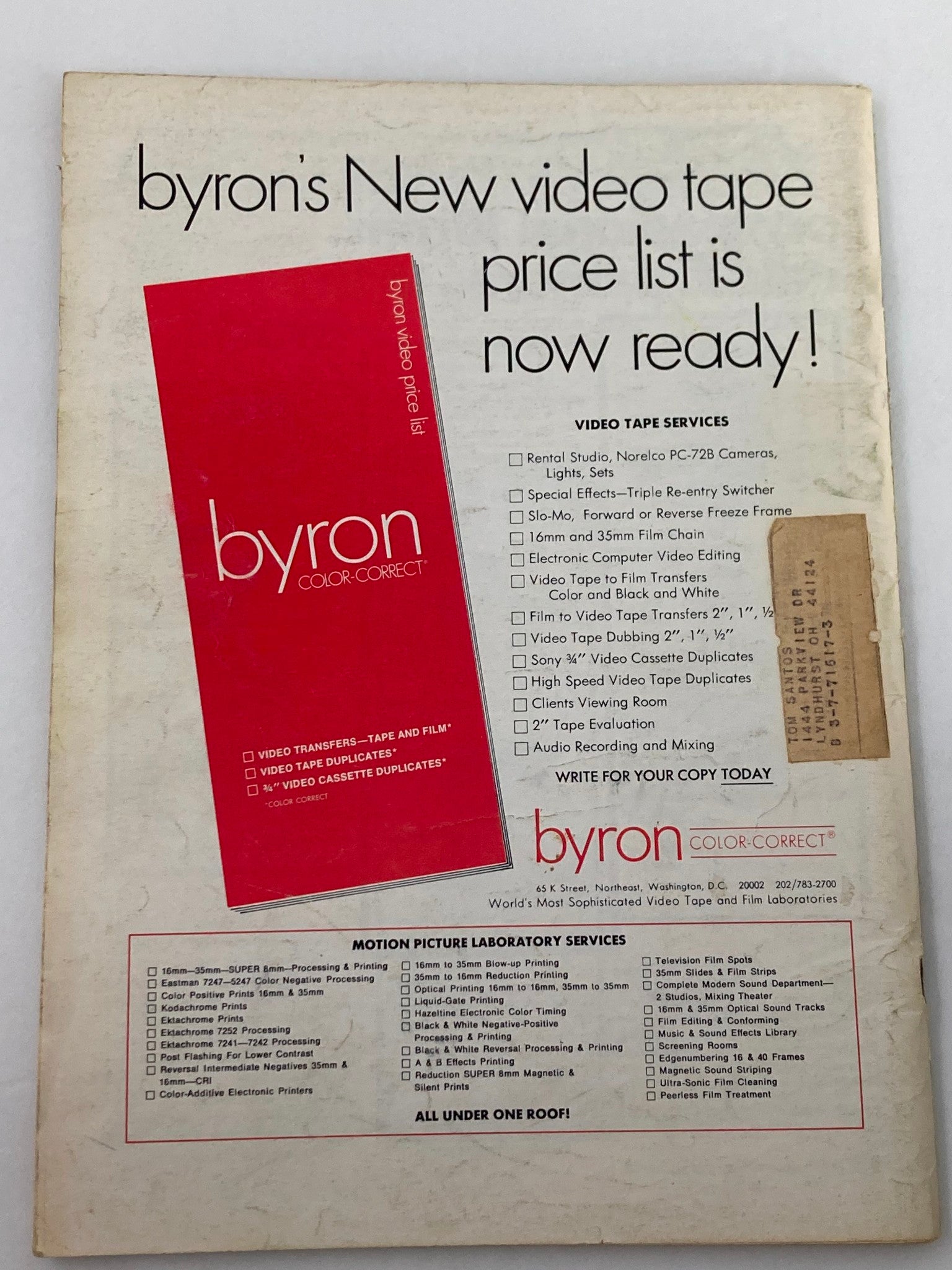 Byron Color-Correct video tape price list announcement image featuring services for video transfers, film processing, and other filmmaking services. Includes details for rental studios and electronic computer video editing, related to American Cinematographer Magazine May 1974.