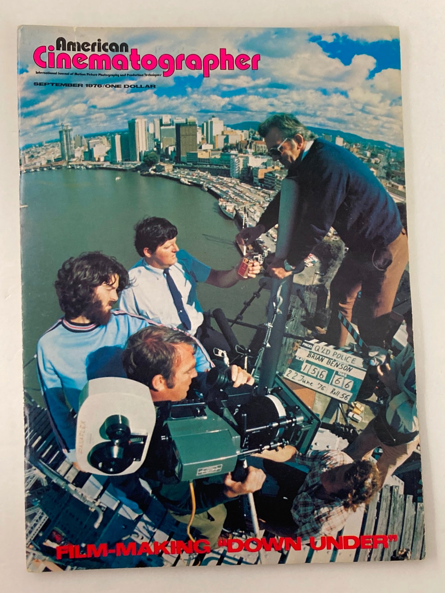 Cover of American Cinematographer Magazine September 1976 featuring Brian Benson at Story Bridge, showcasing film-making techniques with a scenic backdrop.