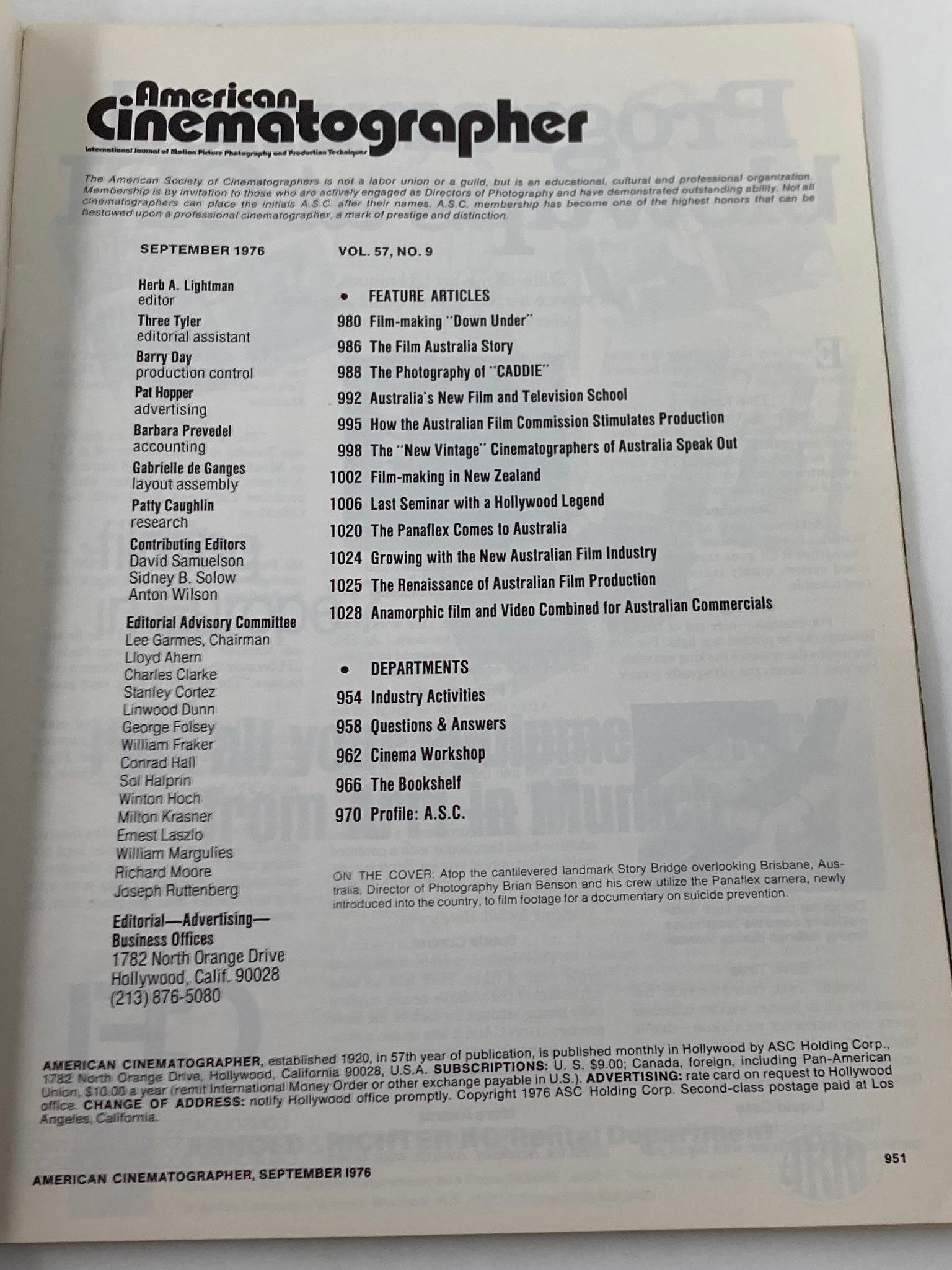 Table of contents for American Cinematographer Magazine September 1976, highlighting feature articles and contributions on cinematography and film production.