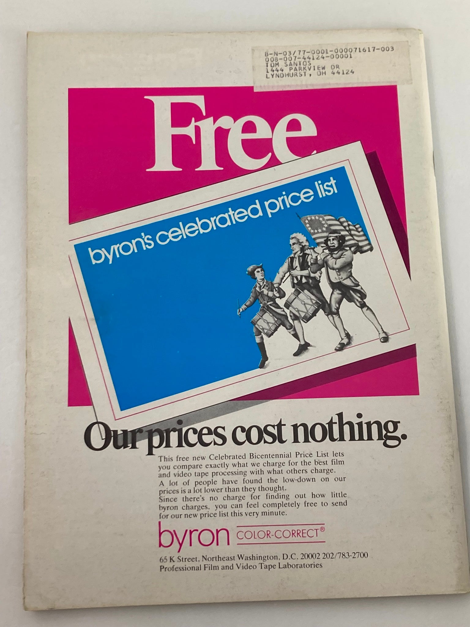 Back cover of American Cinematographer Magazine September 1976, displaying an advertisement for Byron's celebrated price list, highlighting film and video processing services.