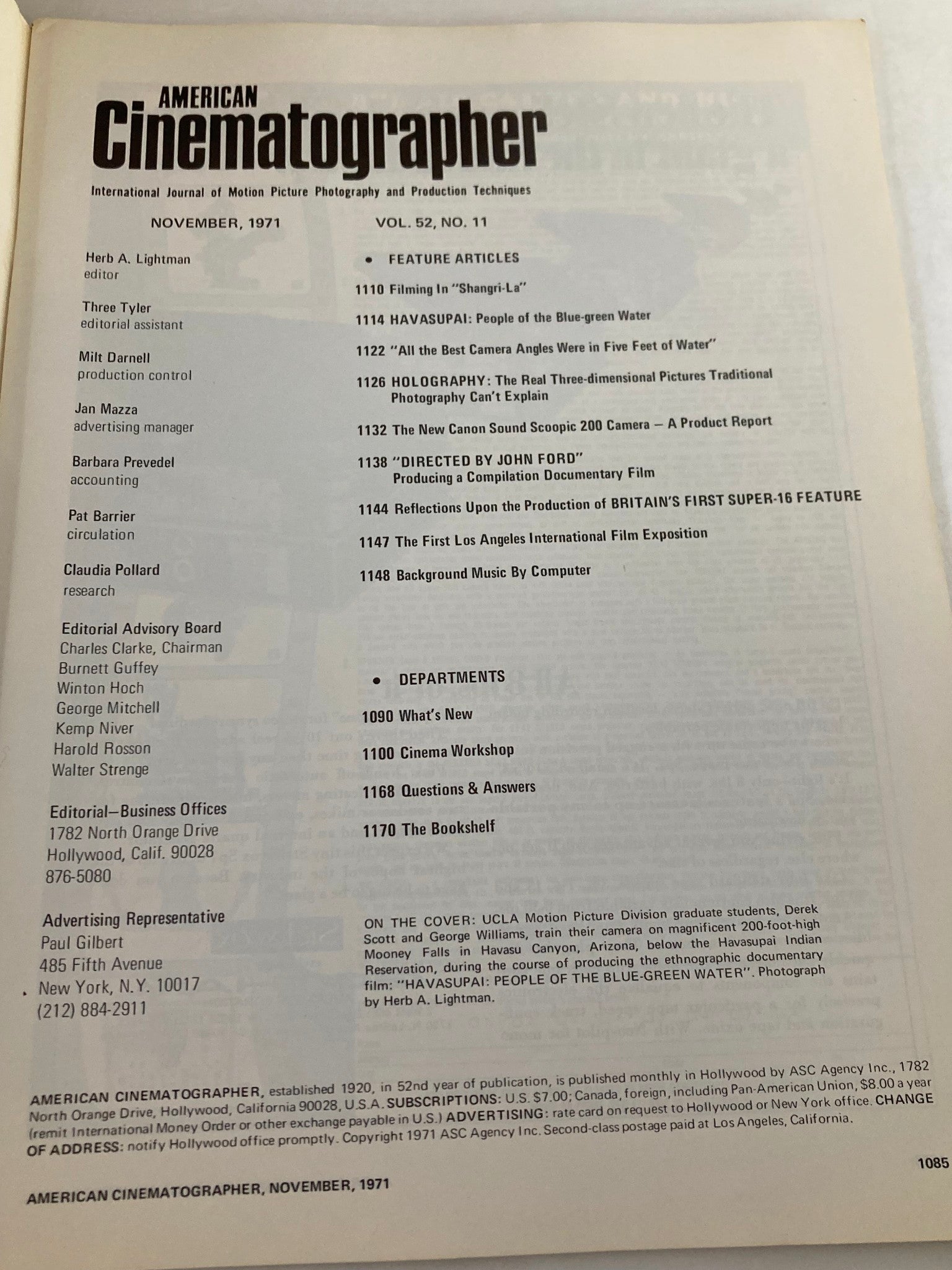 Interior page of American Cinematographer Magazine November 1971 showcasing article titles, including 'Filming in Shangri-La', alongside editorial details and feature articles.