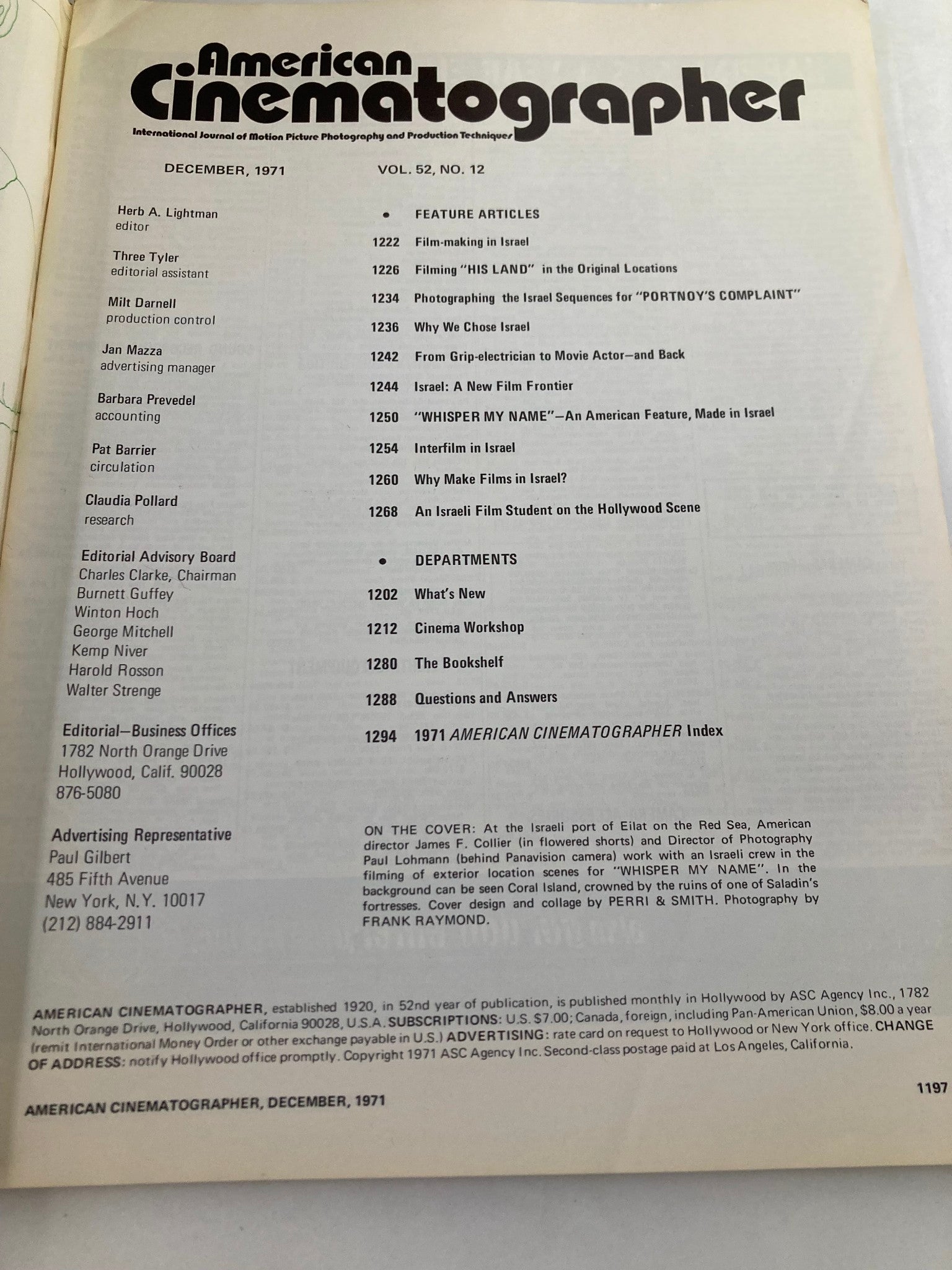 Inside page of American Cinematographer Magazine December 1971, displaying the table of contents, highlighting features such as articles on filming in Israel and cinematography techniques.