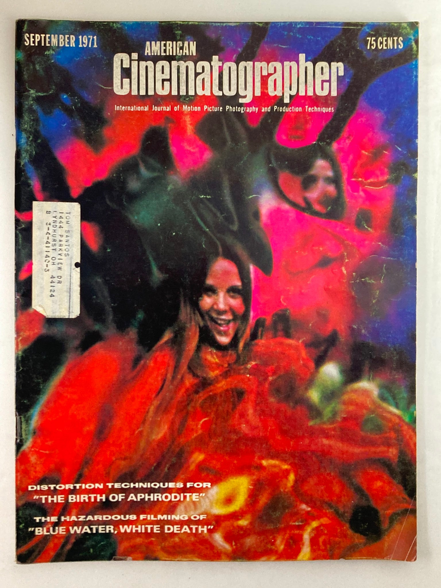 Cover of American Cinematographer Magazine September 1971 featuring the title 'The Birth of Aphrodite', showcasing vibrant colors and an artistic design that reflects the cinematic themes of the era.
