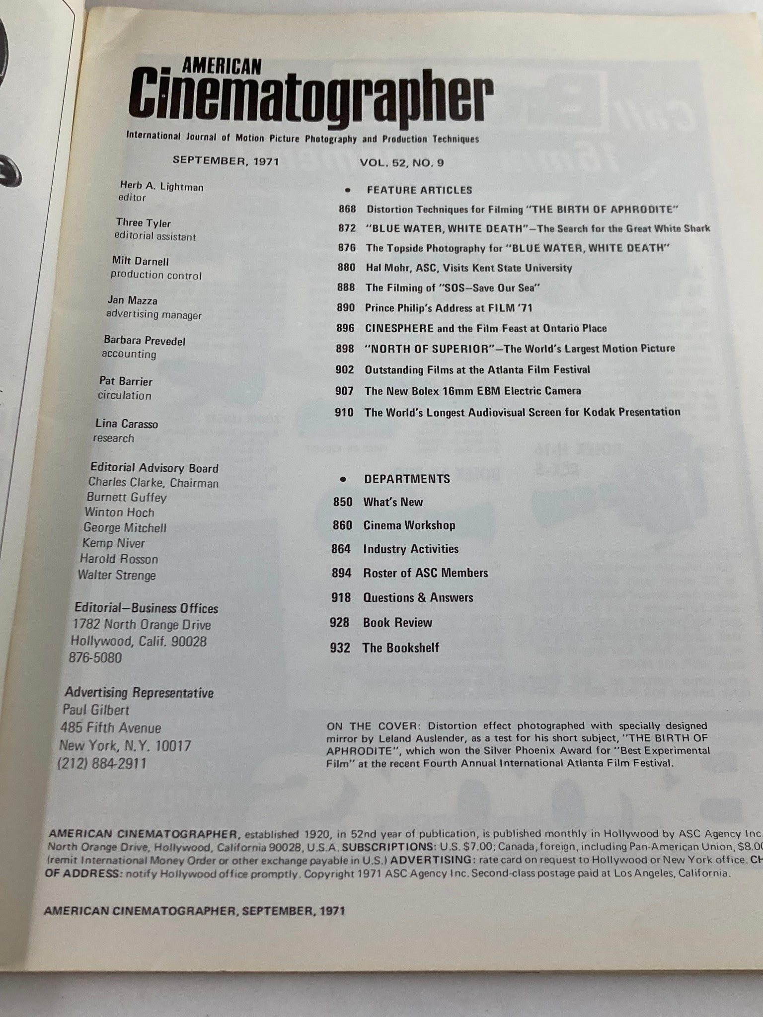 Interior page of American Cinematographer Magazine September 1971, presenting table of contents and highlighting articles including 'The Birth of Aphrodite', indicating the magazine's focus on cinematography and film production techniques.