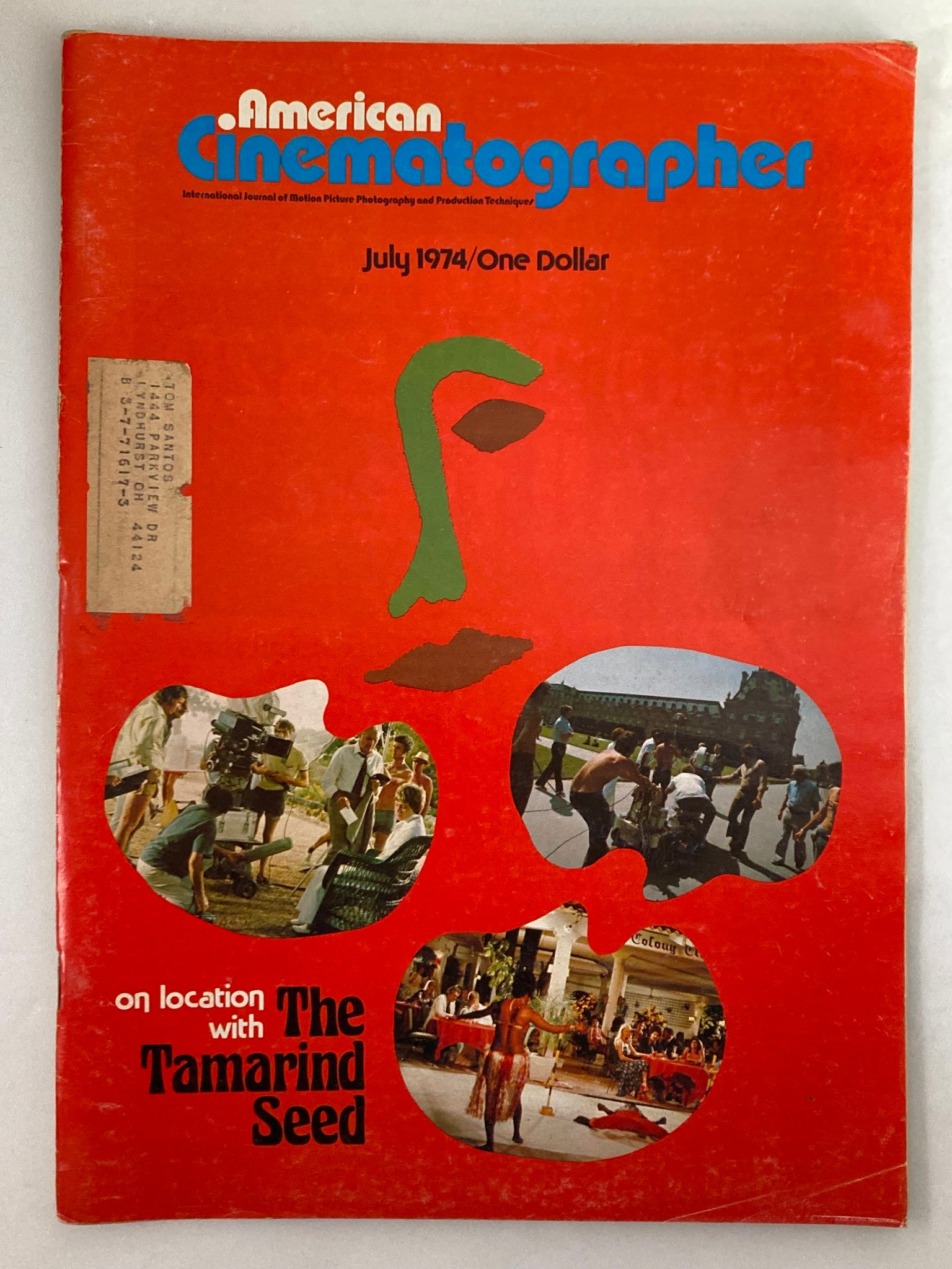 American Cinematographer Magazine July 1974 cover featuring an artistic design related to the film The Tamarind Seed, showcasing vibrant colors and images of on-location filming.