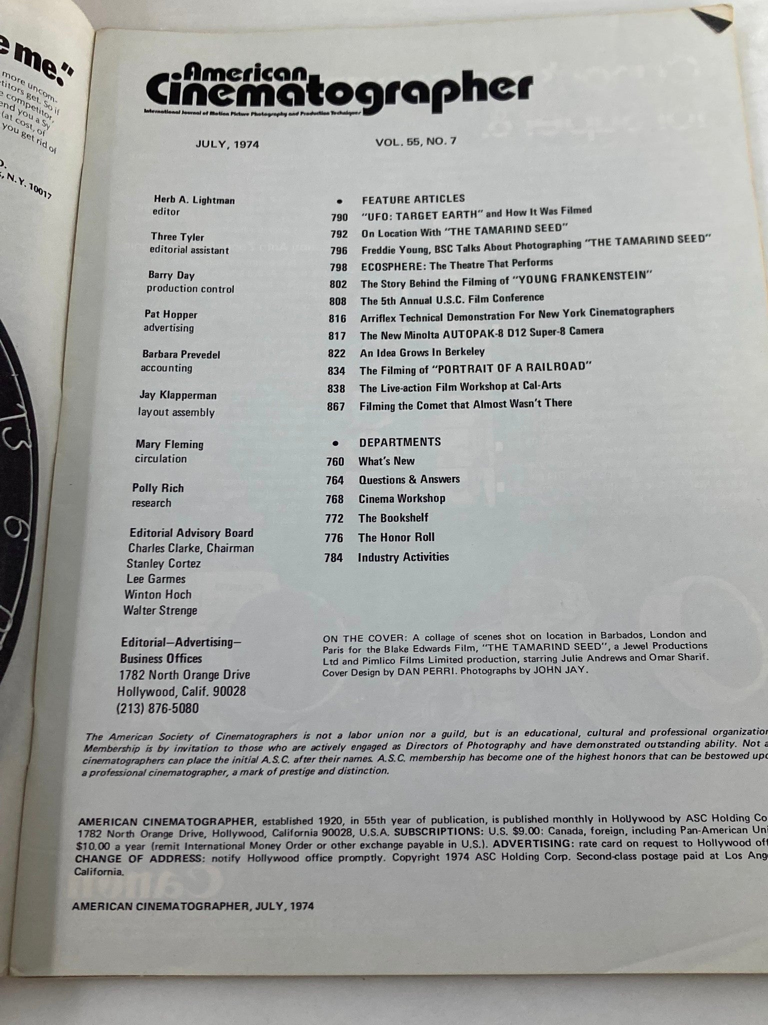 American Cinematographer Magazine July 1974 interior page displaying the table of contents, highlighting articles and features about the film The Tamarind Seed and various cinematographic topics.