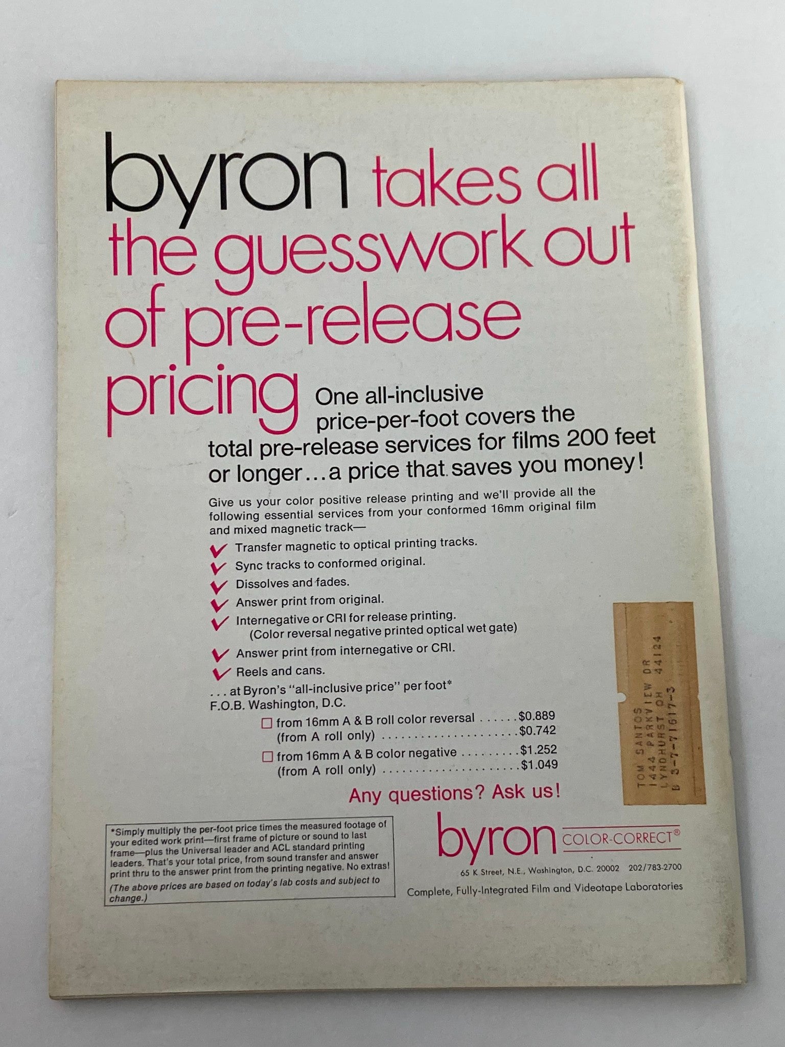 Back cover of American Cinematographer Magazine October 1975 showcasing an advertisement for Byron Color-Correct film services, highlighting pricing options for film pre-release services.