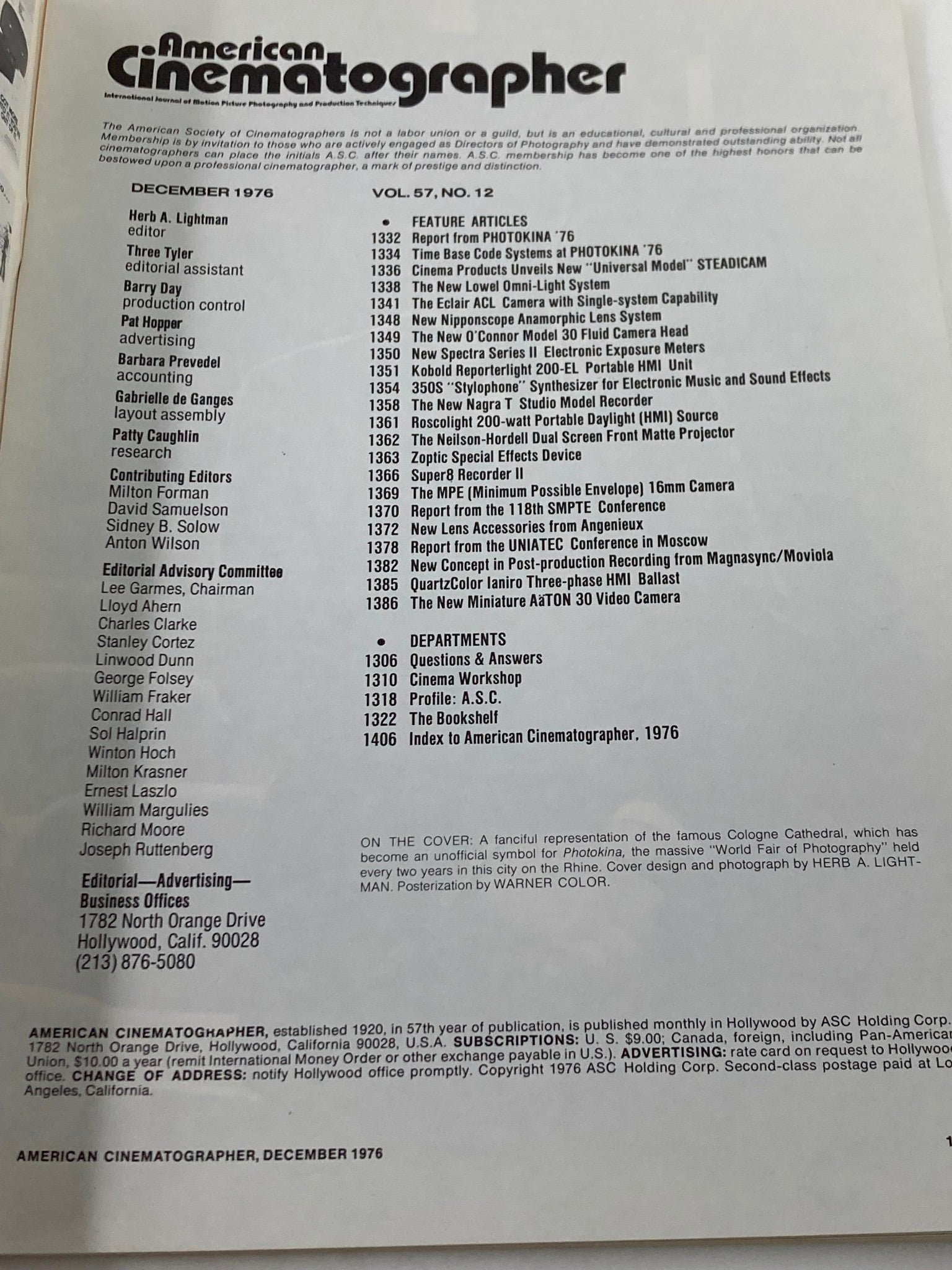 Interior page of American Cinematographer Magazine December 1976, displaying the contents and feature articles list, focusing on film techniques and innovations of the time.