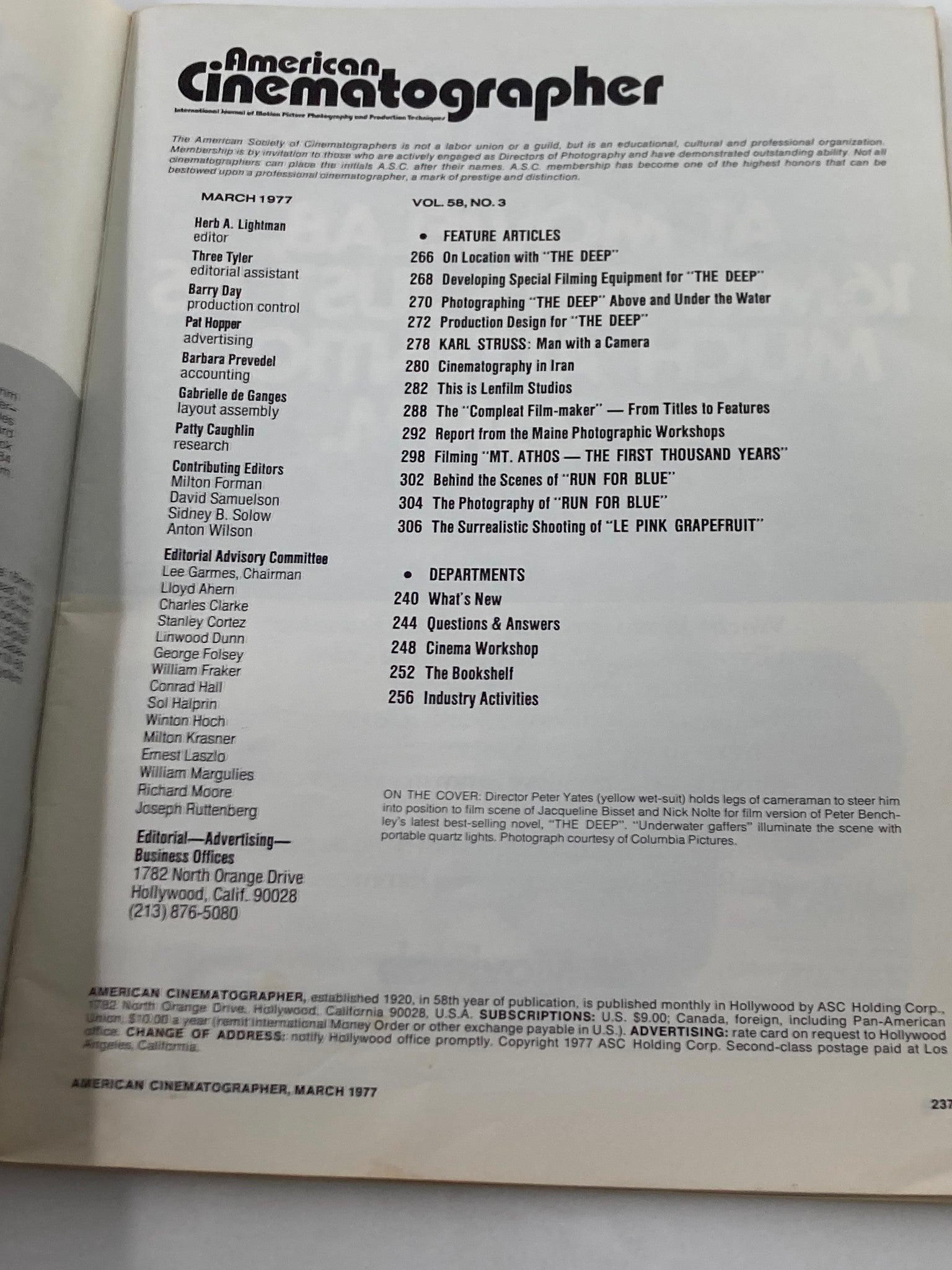 Interior page of American Cinematographer Magazine, March 1977, featuring table of contents and articles on cinematography with a focus on Peter Benchley's "The Deep."