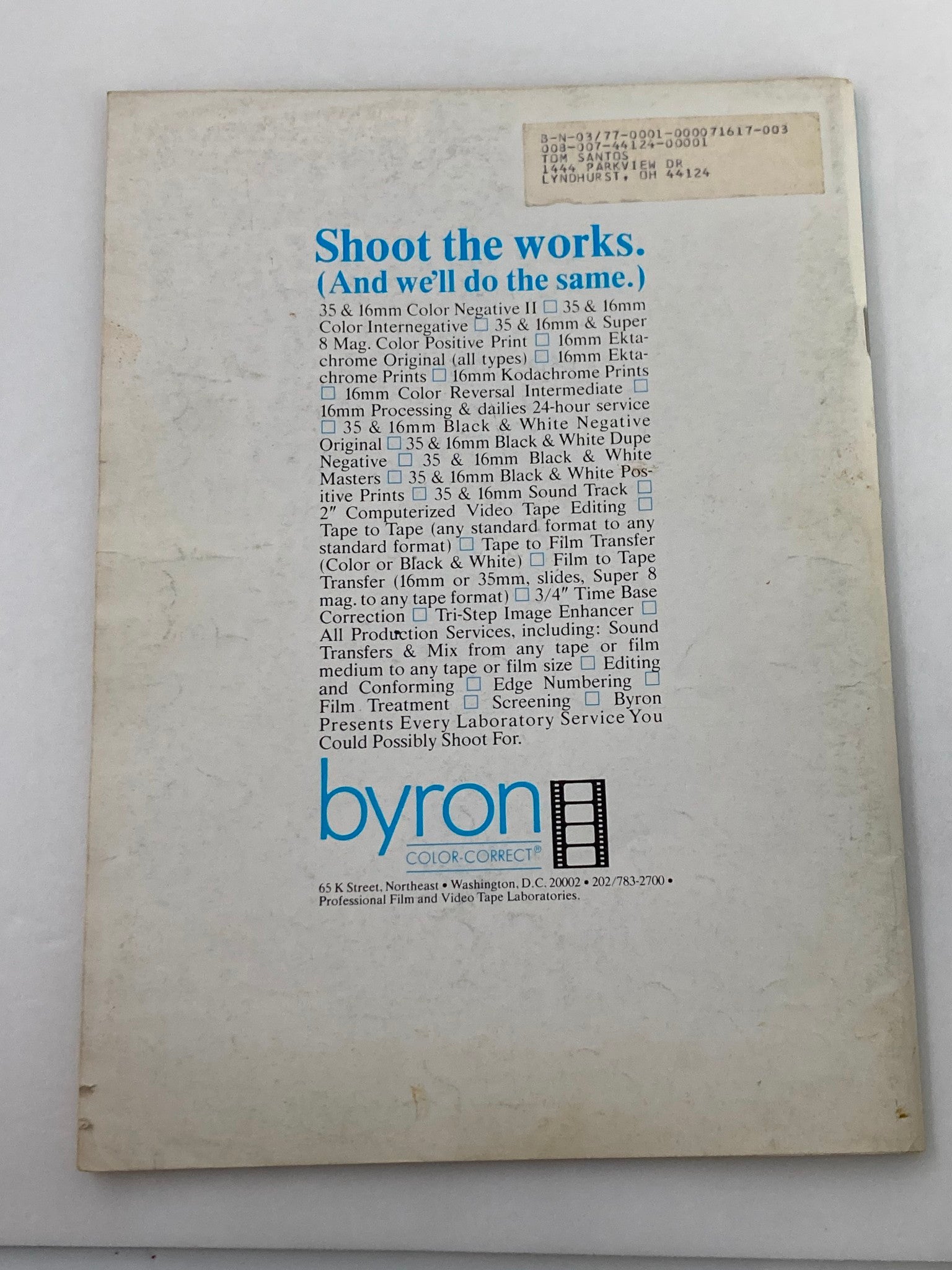 Back cover of American Cinematographer Magazine, March 1977, advertising Byron Color-Correct laboratory services for film and video.